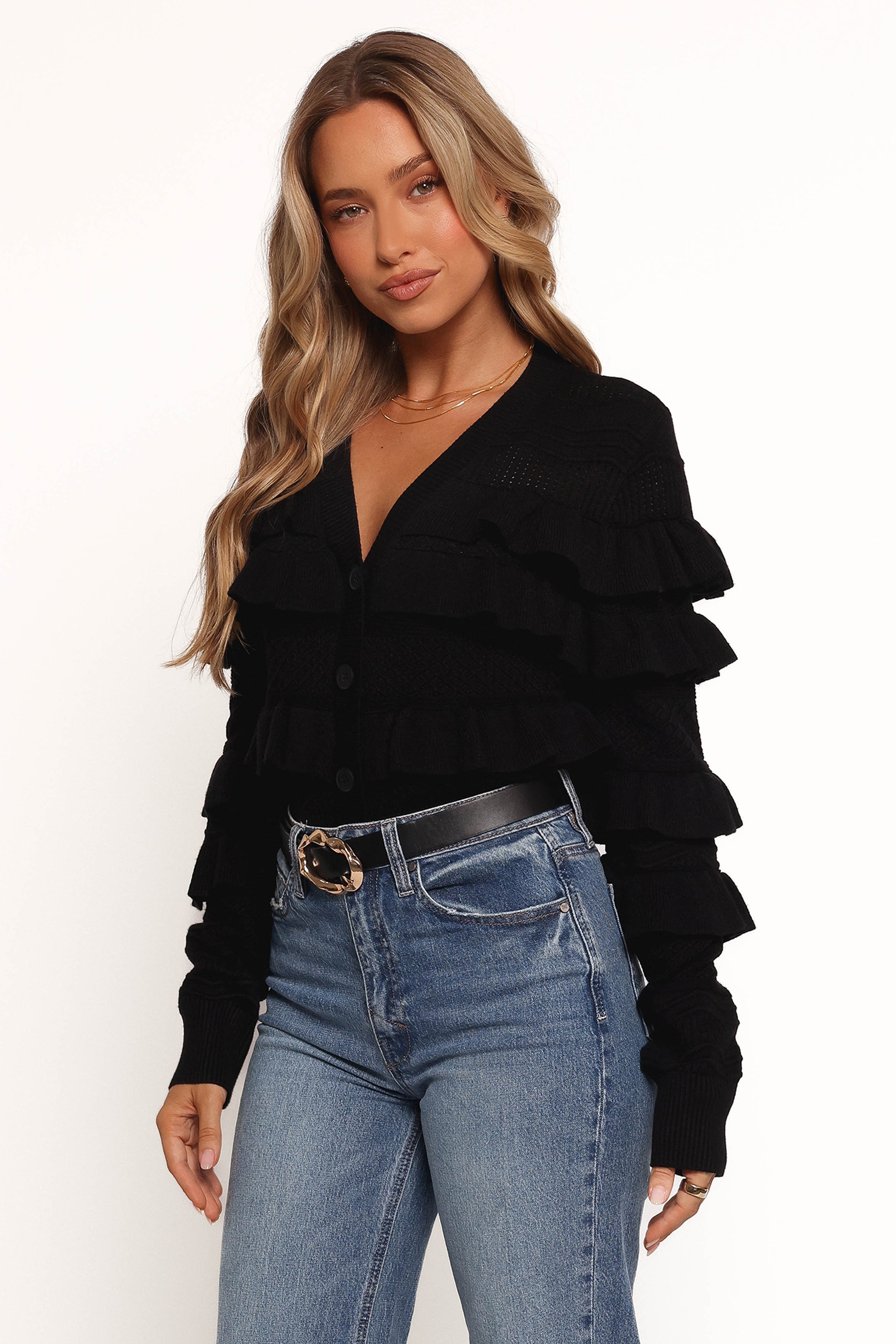 Hayworth Black Cropped Cardigan with Ruffle Detail & V-Neck