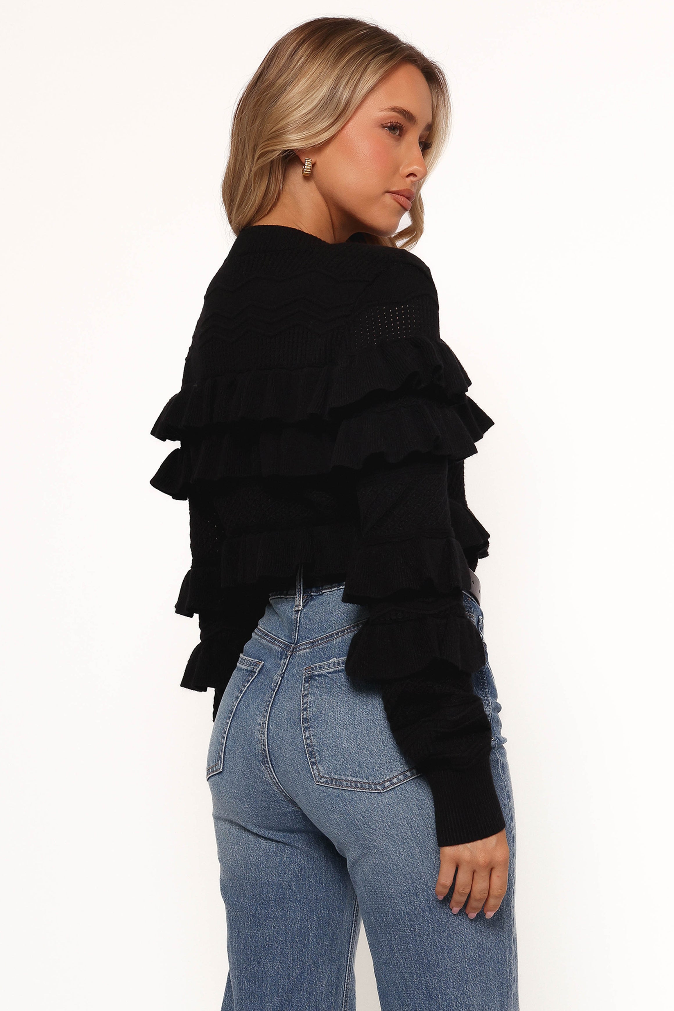 Hayworth Black Cropped Cardigan with Ruffle Detail & V-Neck