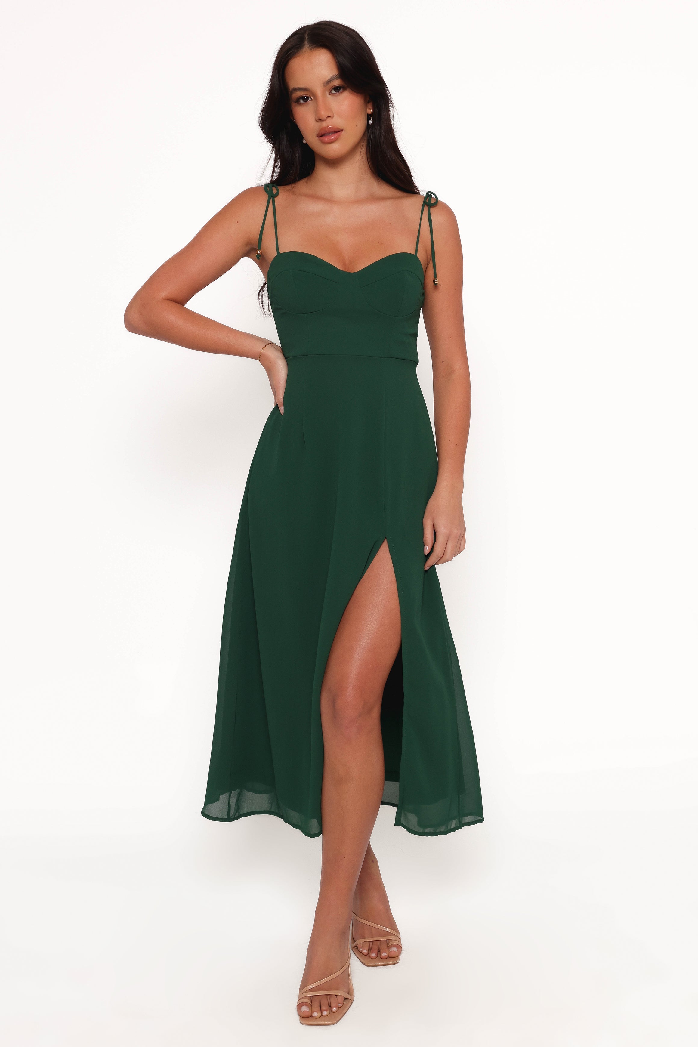 Emerald Green Midi Dress with Sweetheart Neckline & Back Shirring