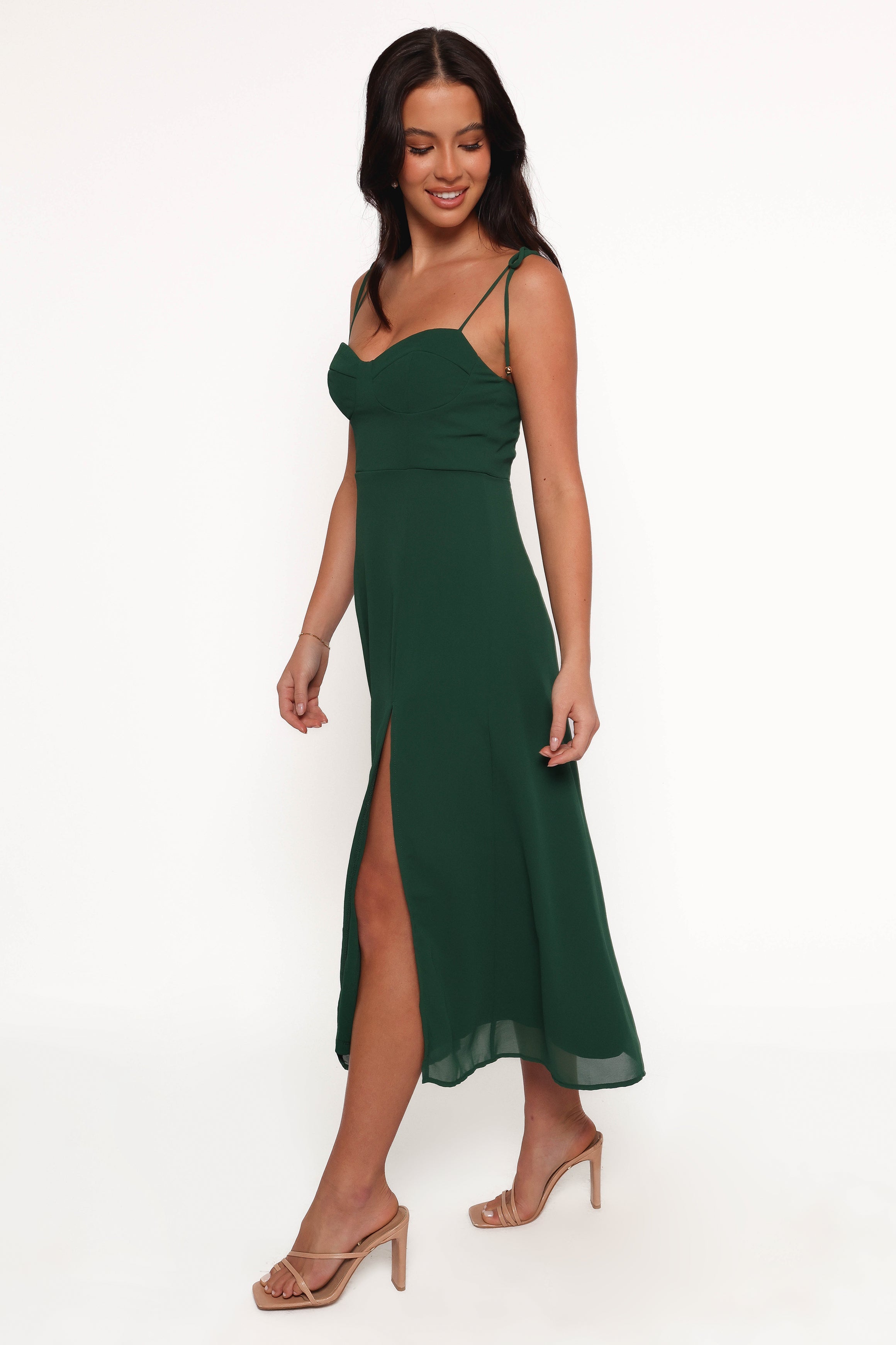 Emerald Green Midi Dress with Sweetheart Neckline & Back Shirring