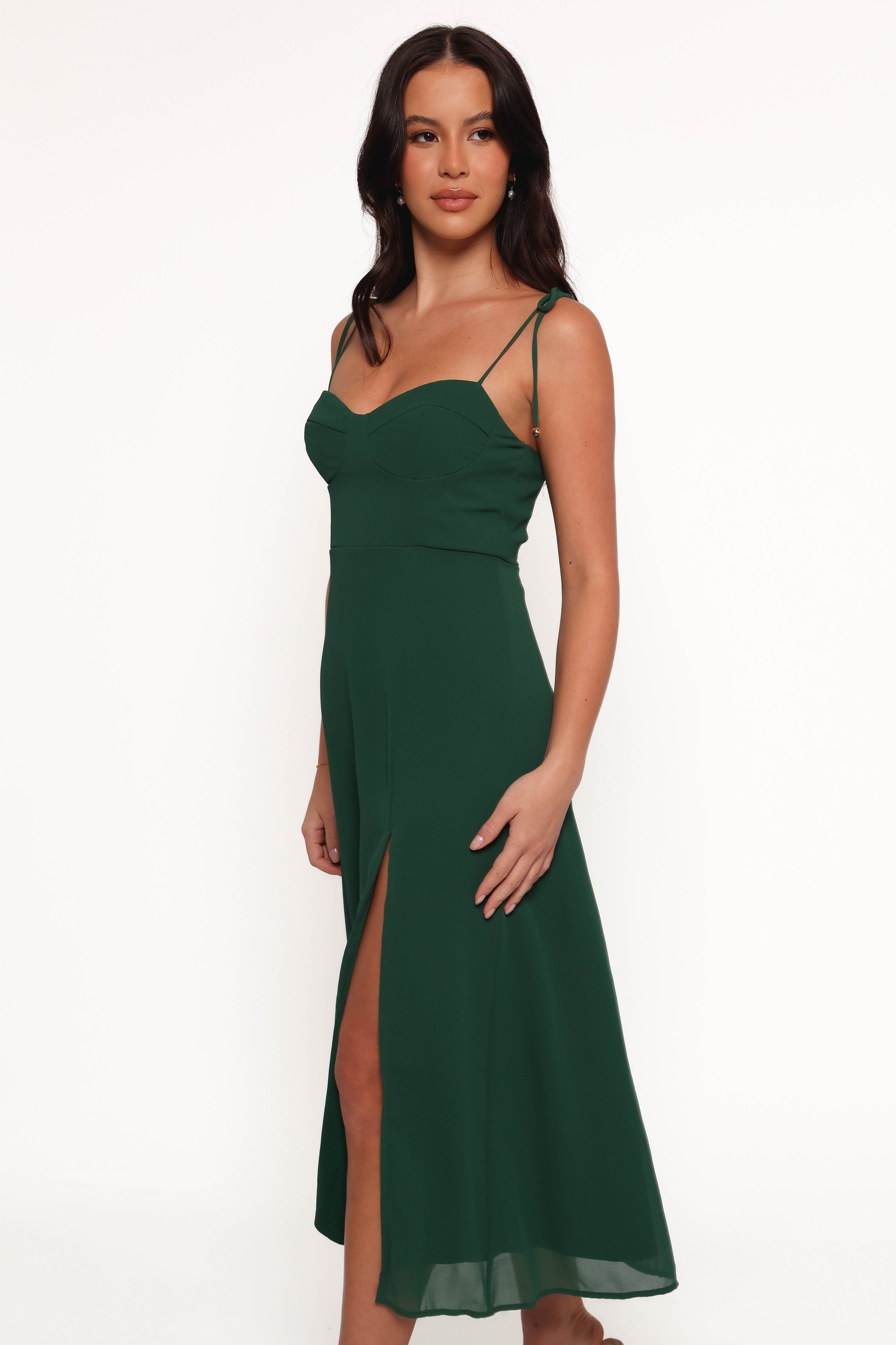 Emerald Green Midi Dress with Sweetheart Neckline & Back Shirring
