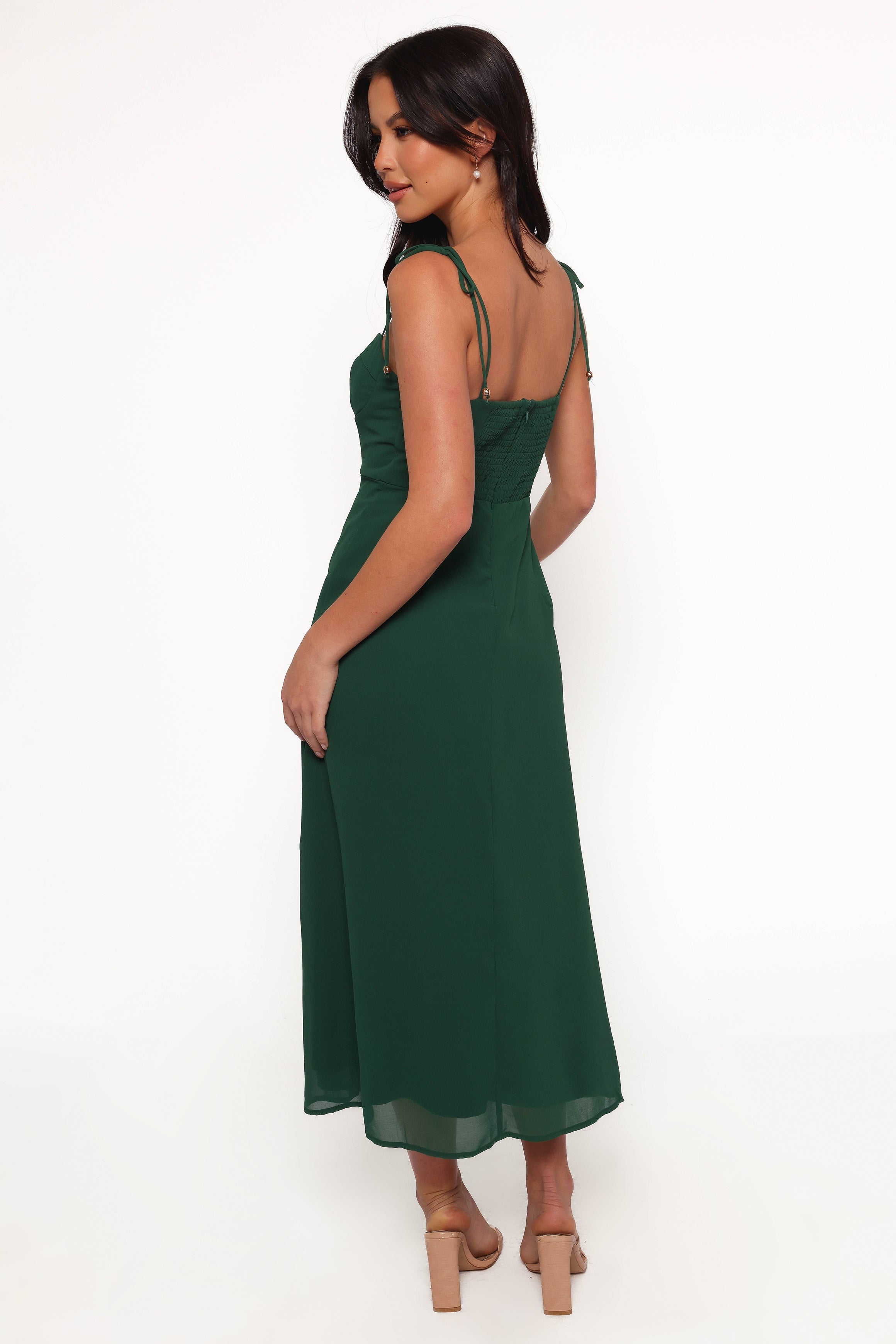 Emerald Green Midi Dress with Sweetheart Neckline & Back Shirring