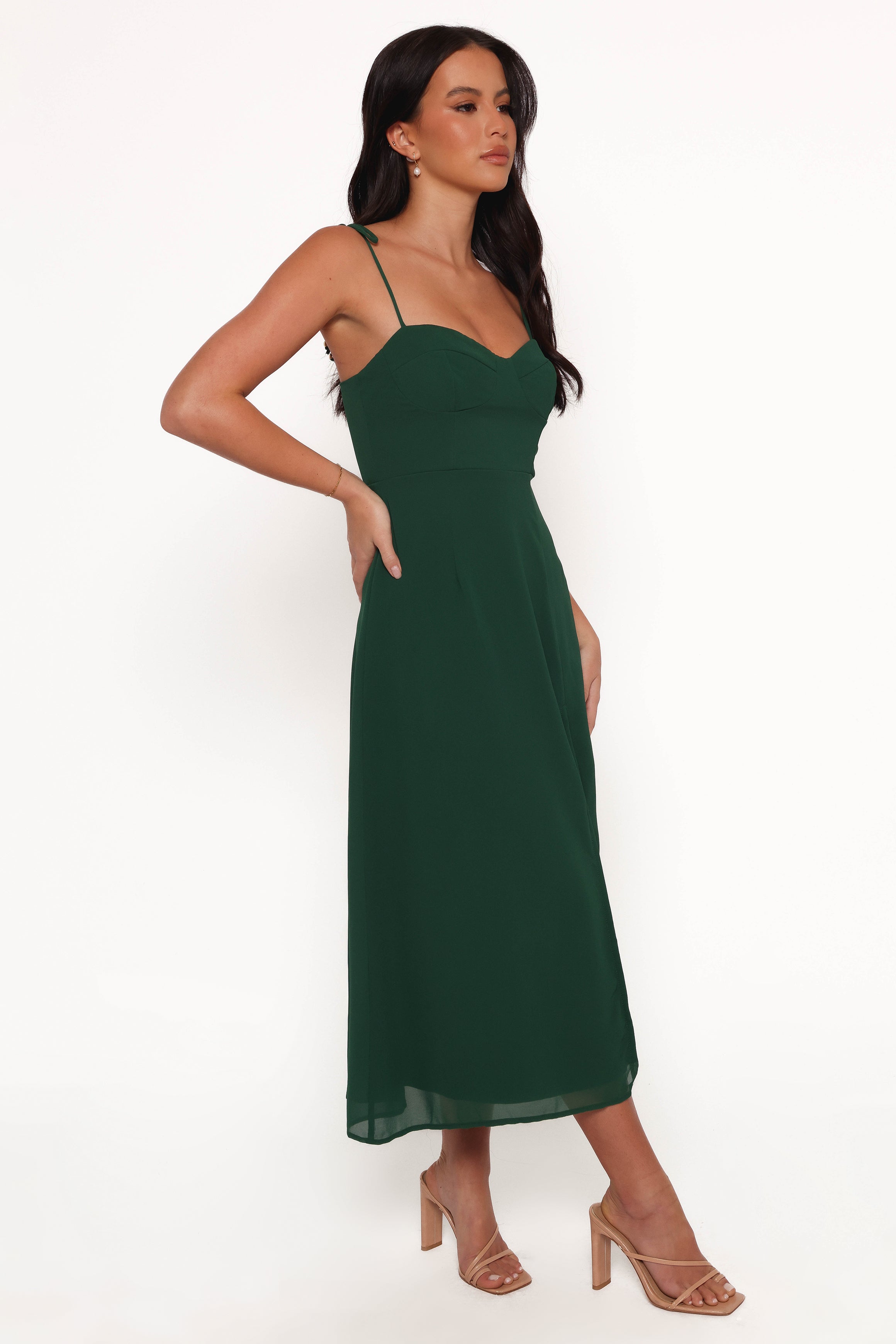 Emerald Green Midi Dress with Sweetheart Neckline & Back Shirring