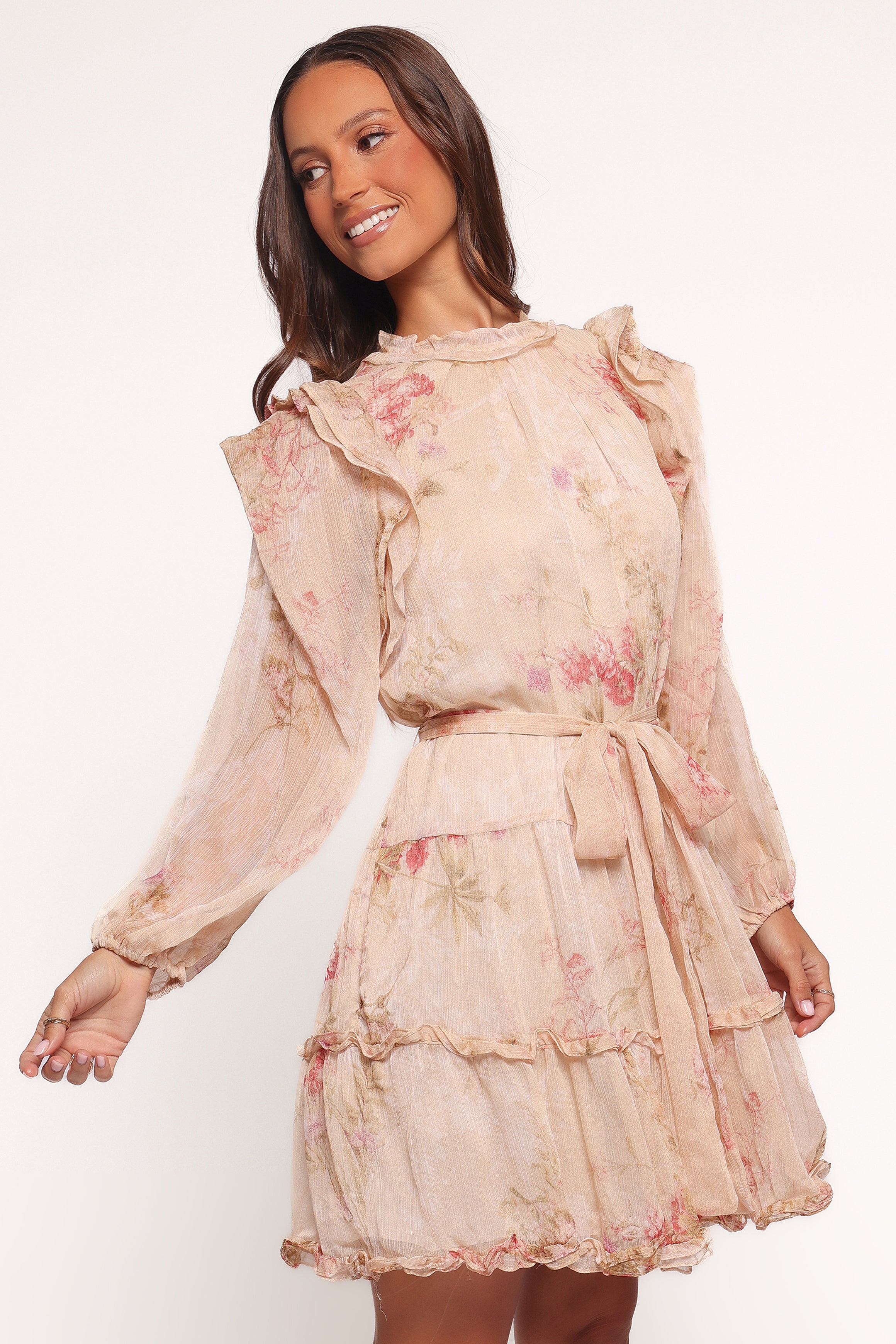 Phaedra Floral Print Long Sleeve Mini Dress with Waist Tie