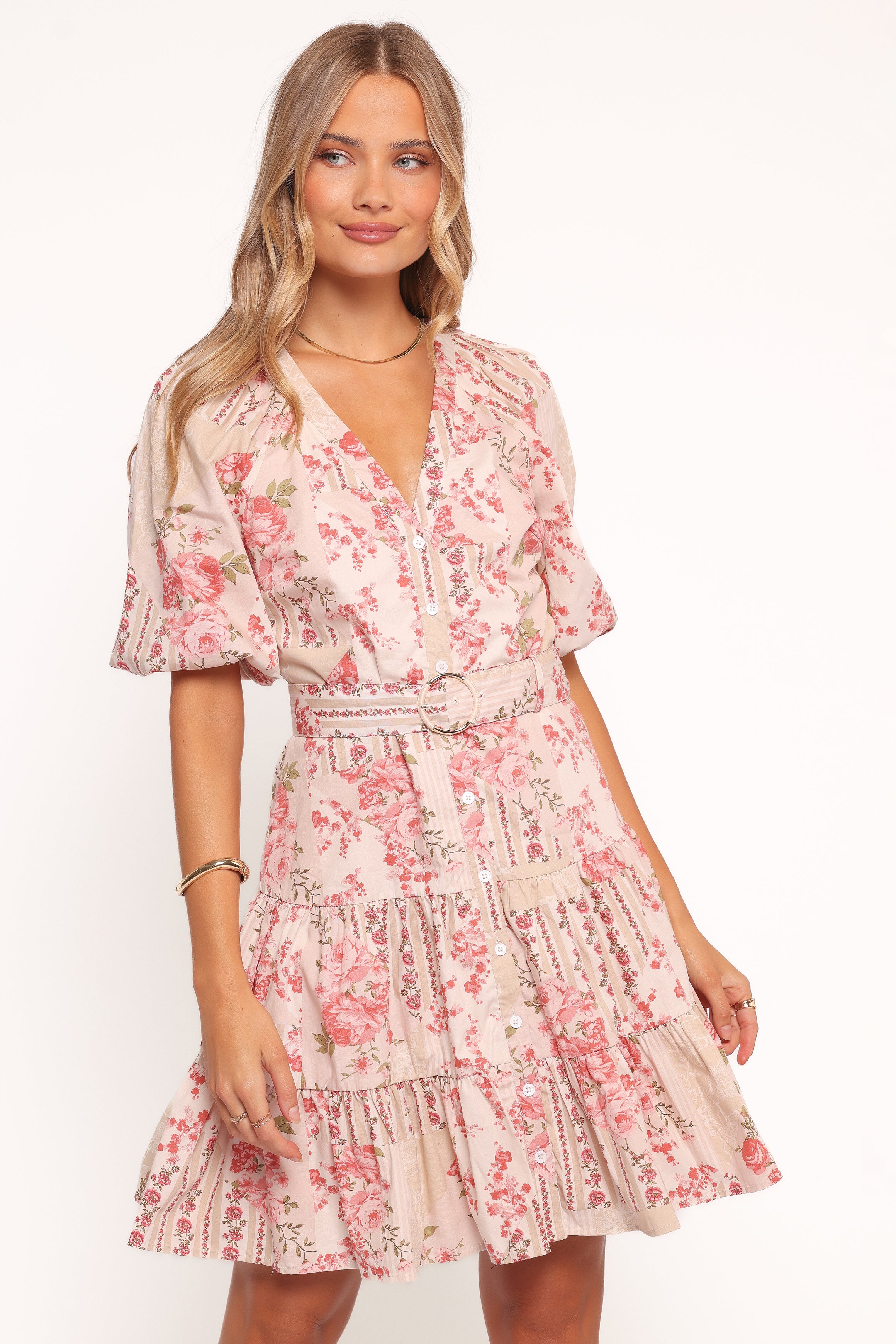 Floral Cotton Mini Dress with Belt - Columba Soft Camellia