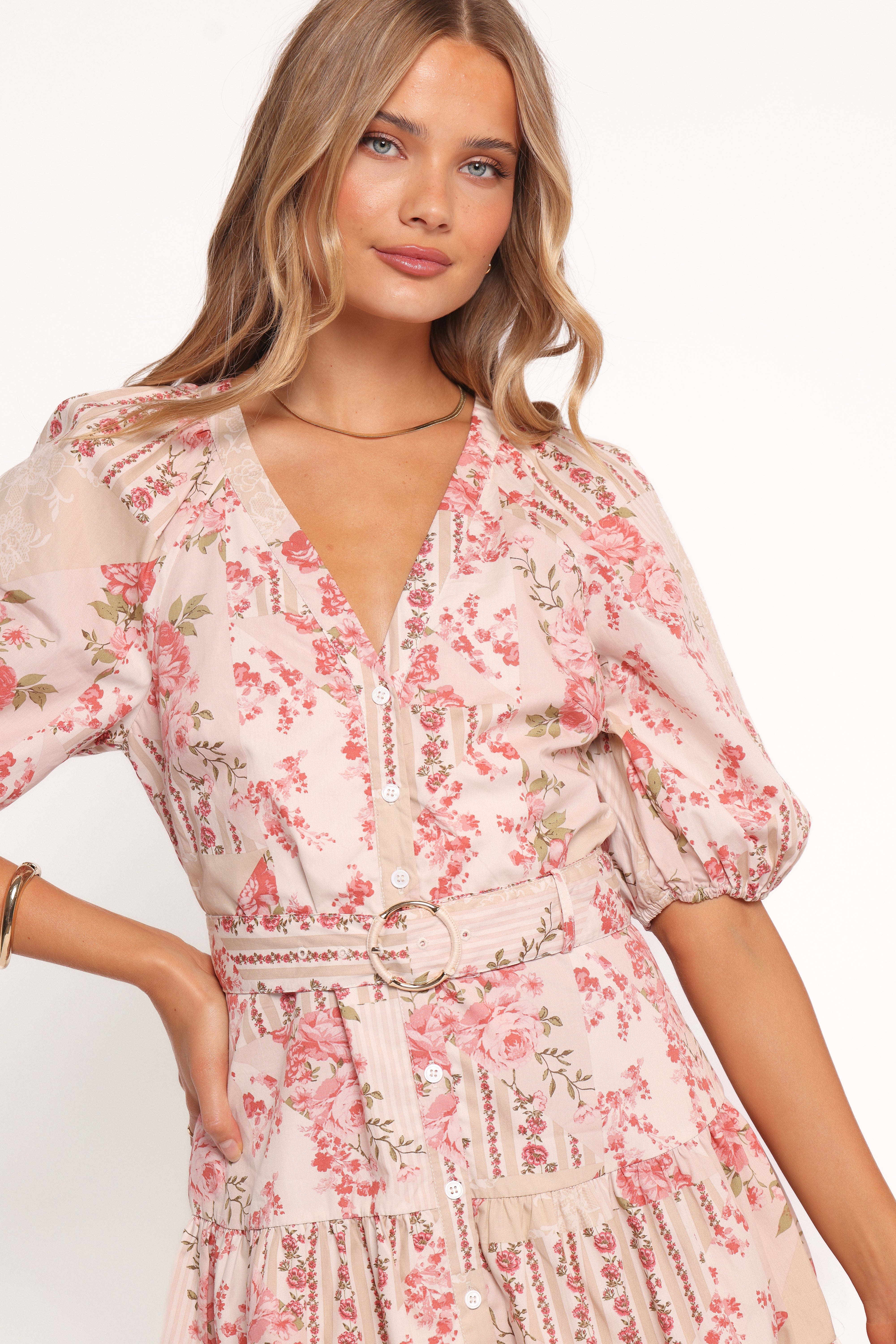 Floral Cotton Mini Dress with Belt - Columba Soft Camellia