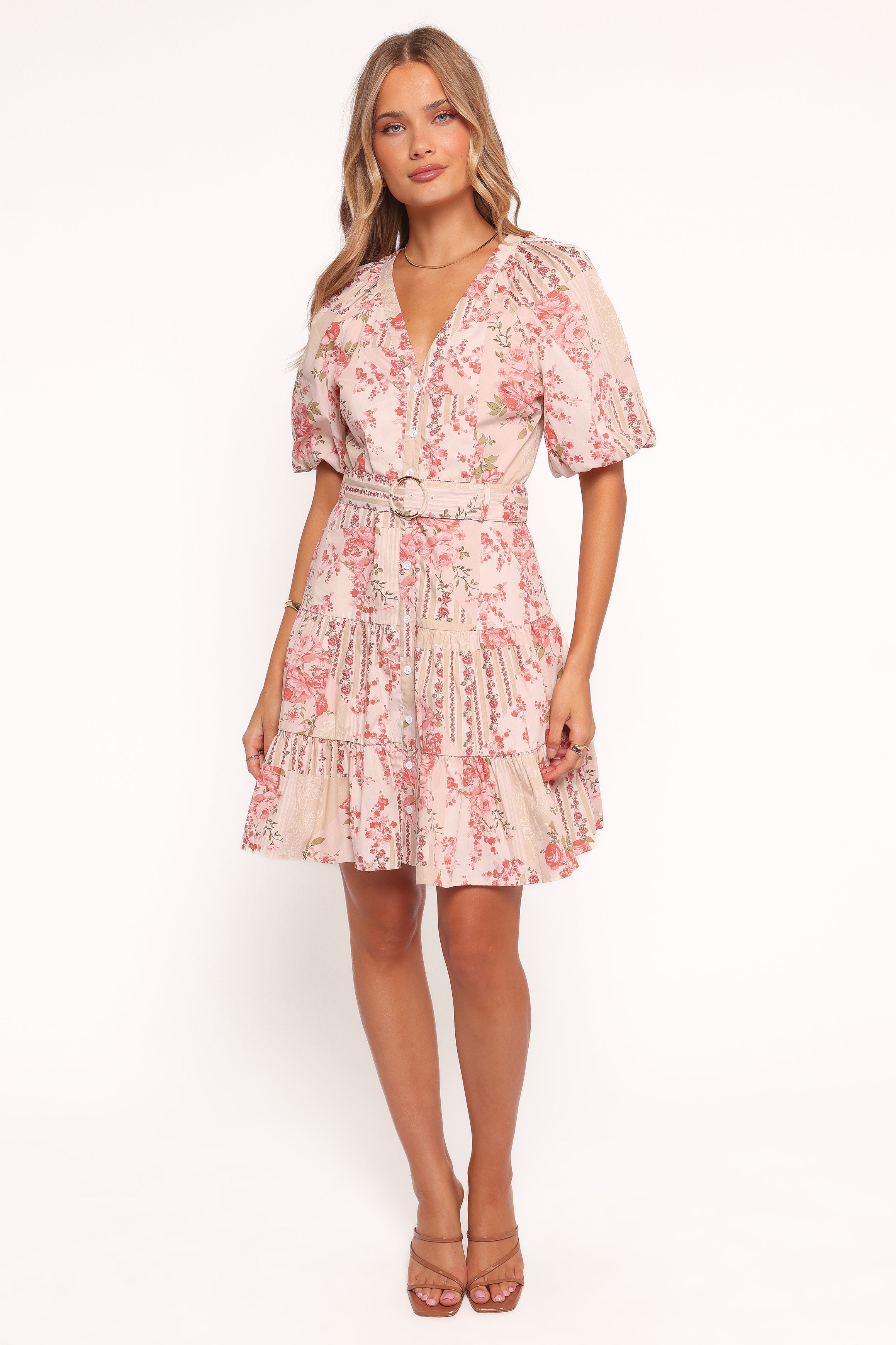 Floral Cotton Mini Dress with Belt - Columba Soft Camellia