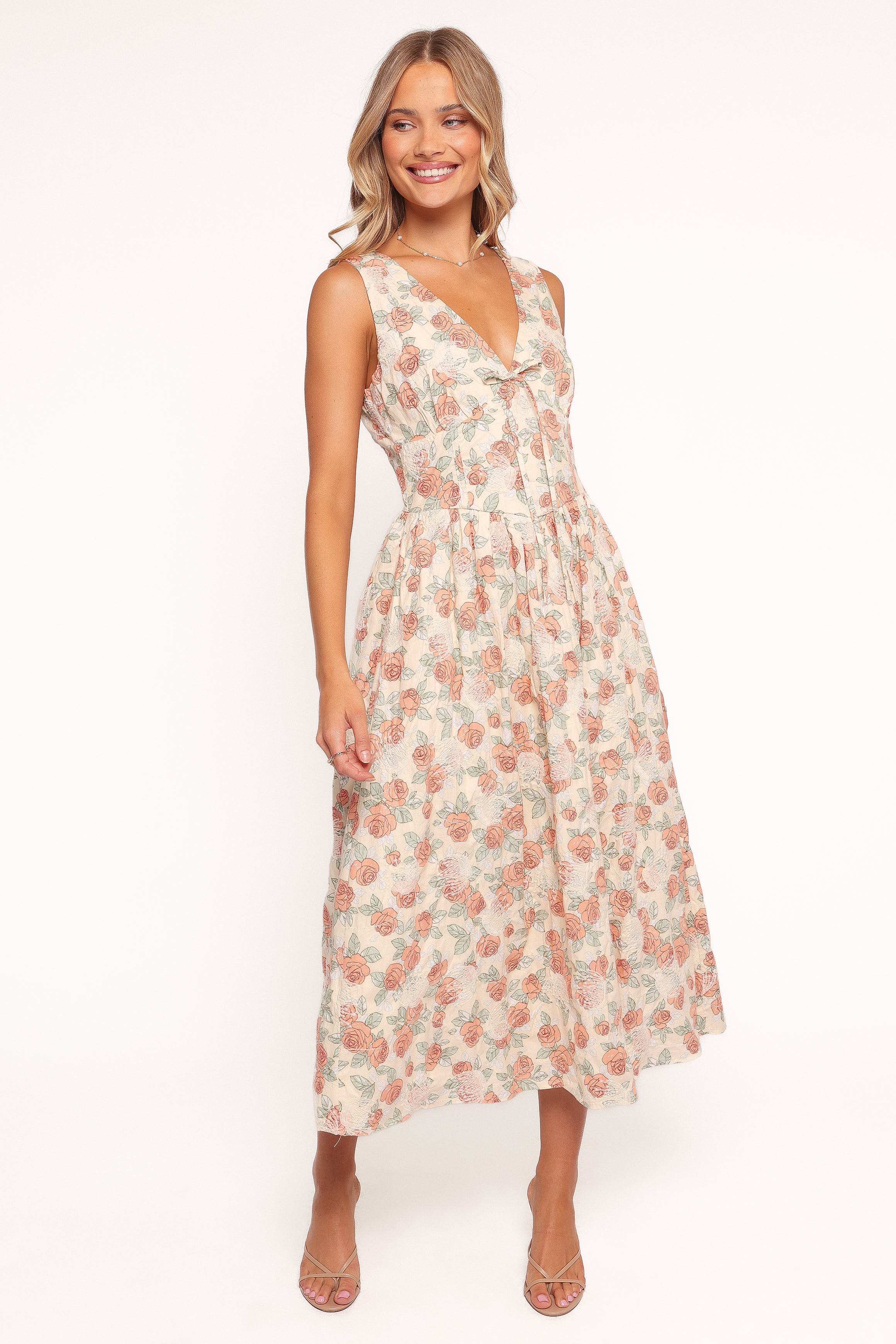 Velda Floral Midi Dress with V-Neck & Pockets