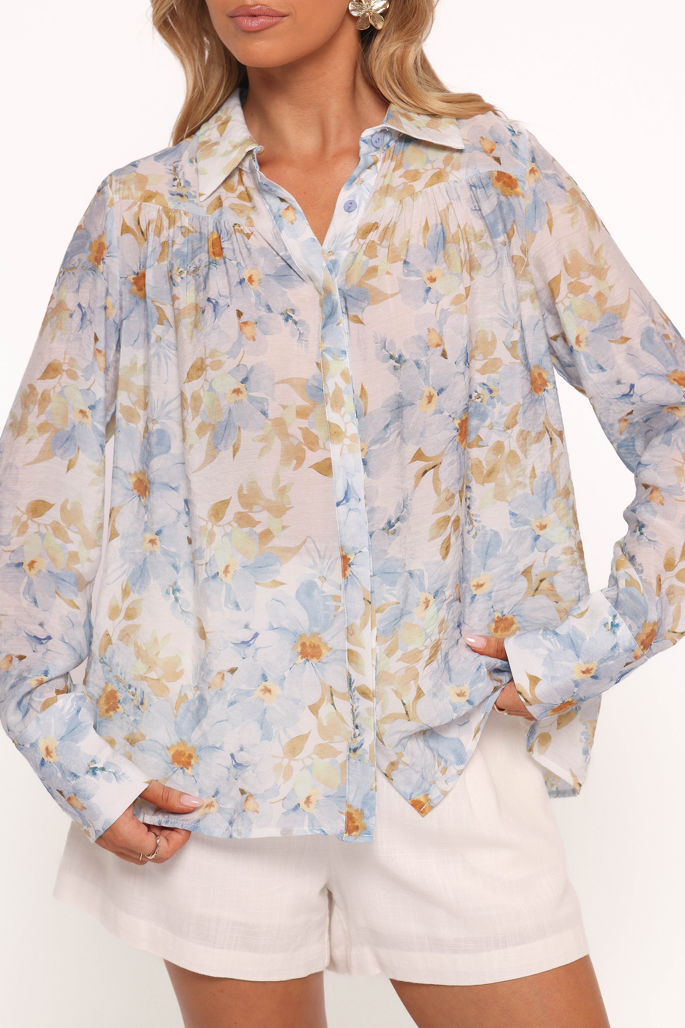 Adalee Blue Floral Blouse with Spread Collar & Long Sleeves