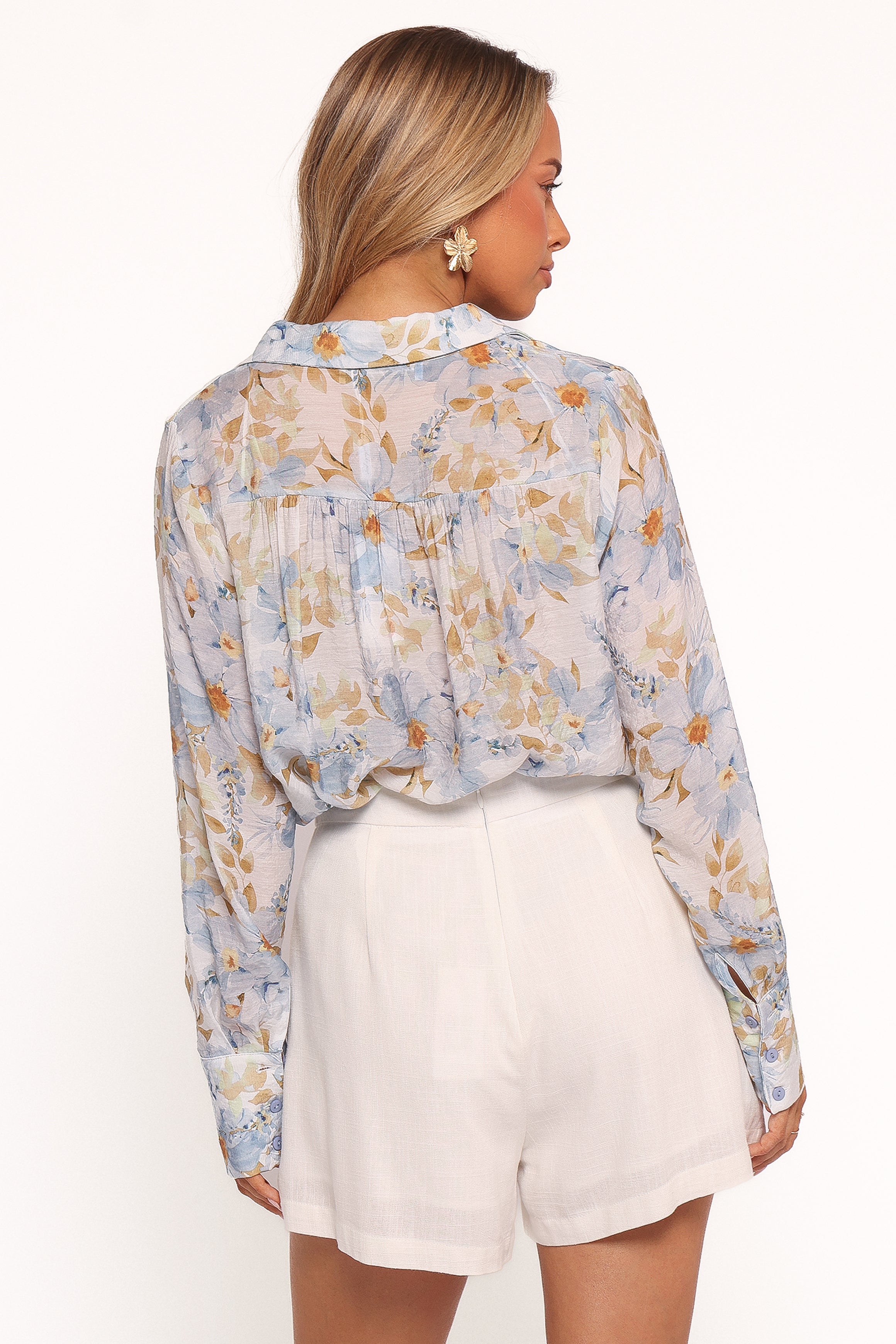 Adalee Blue Floral Blouse with Spread Collar & Long Sleeves