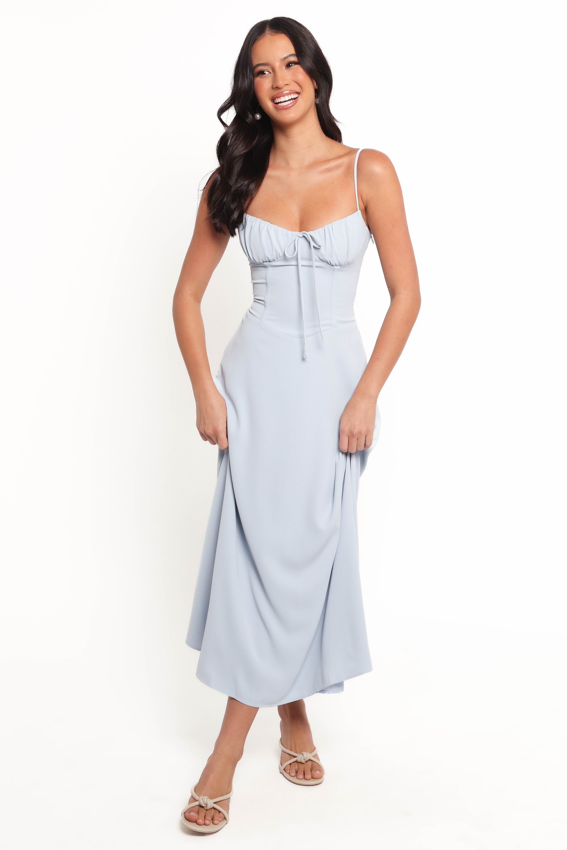 Nadina Soft Blue Midi Dress with Sweetheart Neckline & Adjustable Straps