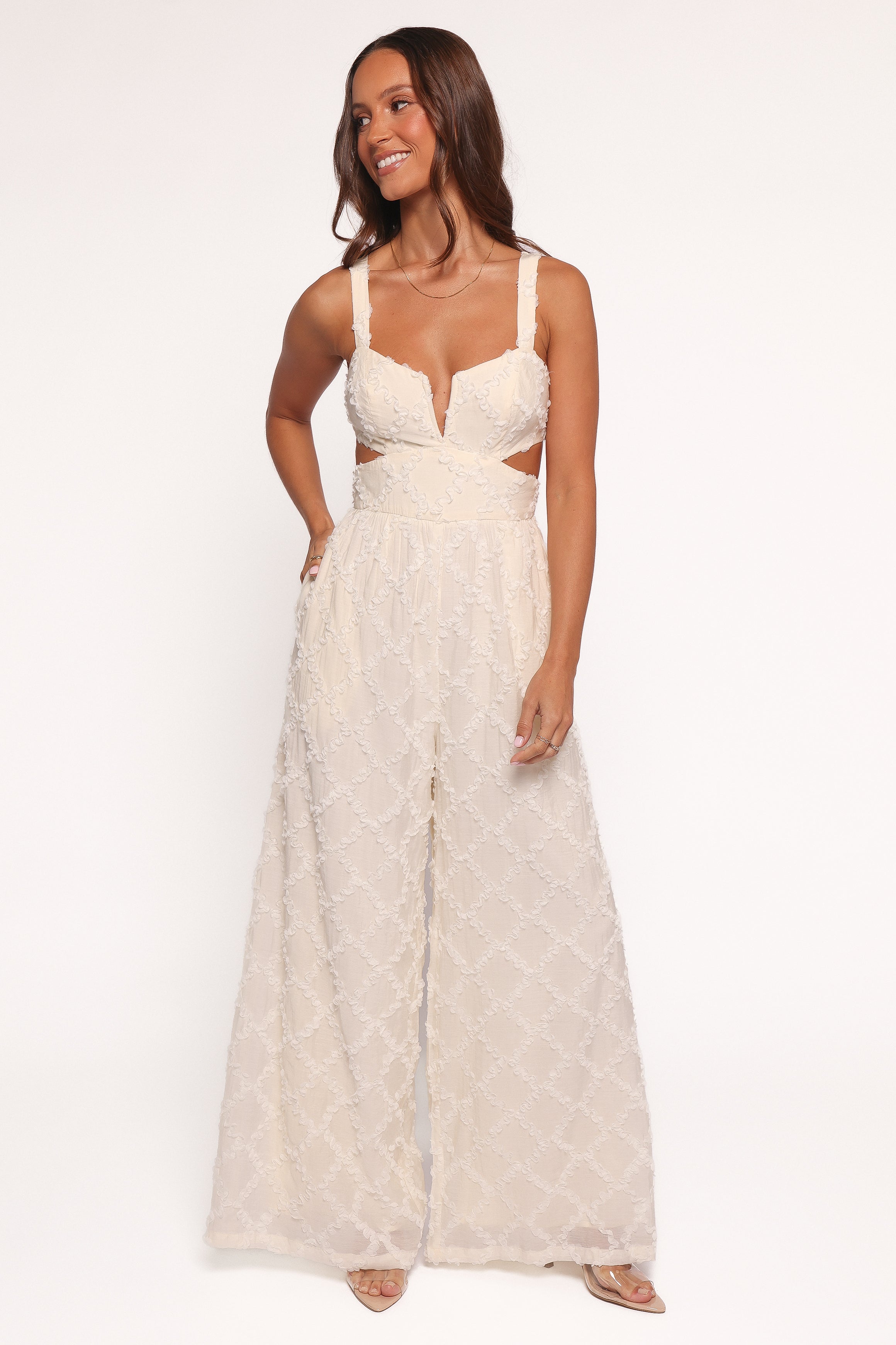 White Avella Cutout Jumpsuit with Square Neckline & Side Cutouts