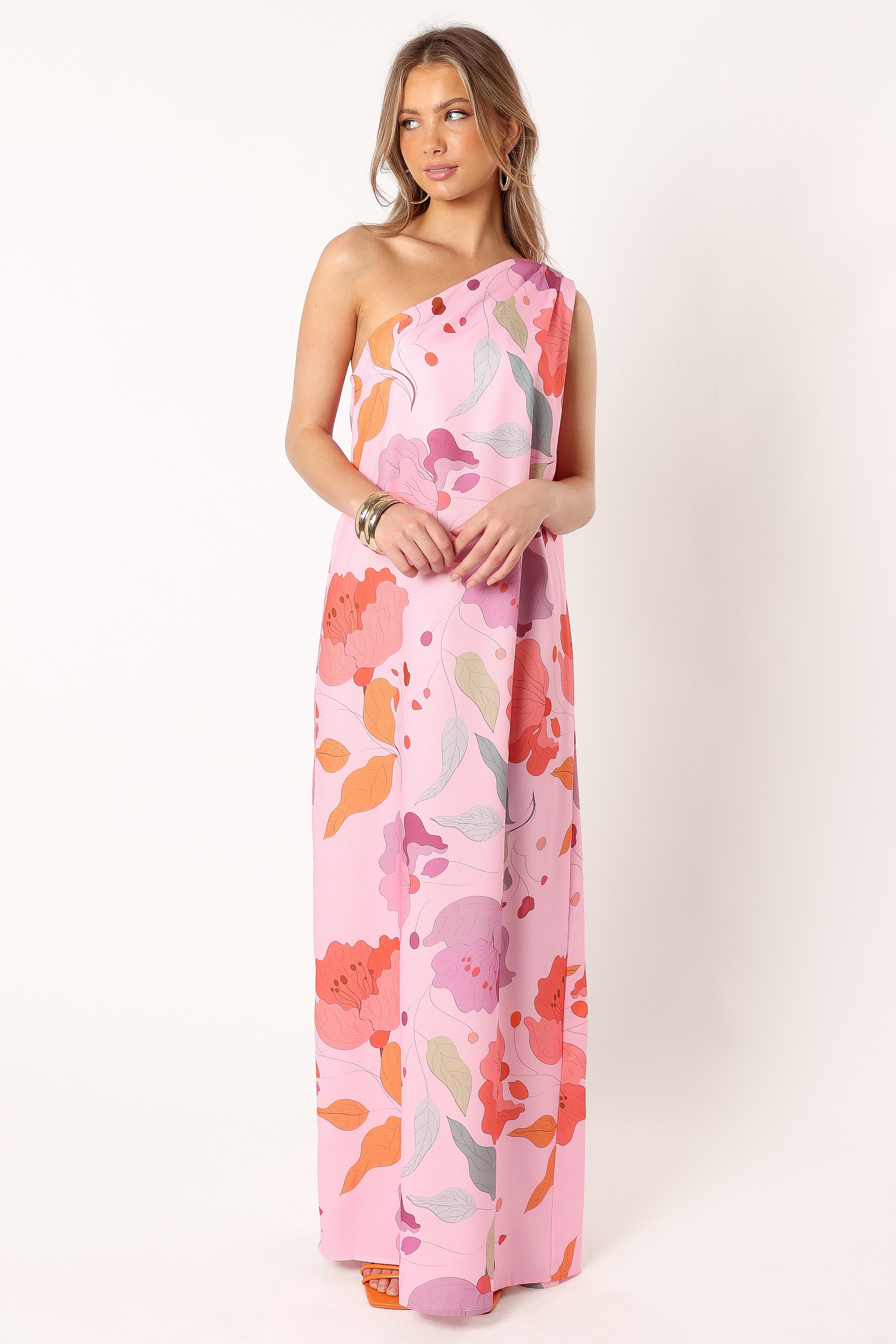 Tillie Pink Floral One Shoulder Maxi Dress - Asymmetric Neckline