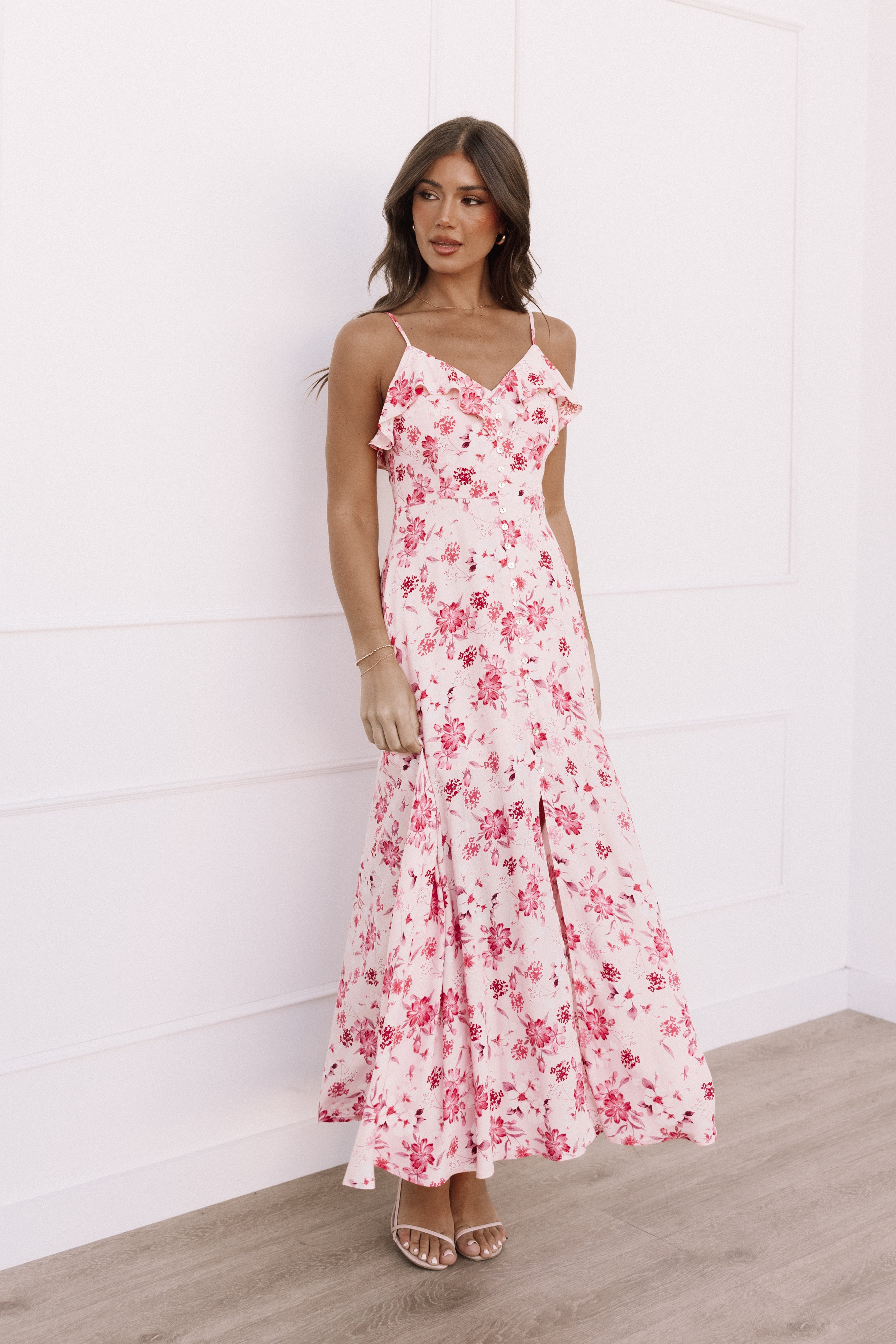 Floral V-Neck Midi Dress with Ruffle Detail & Open Back - Rachel
