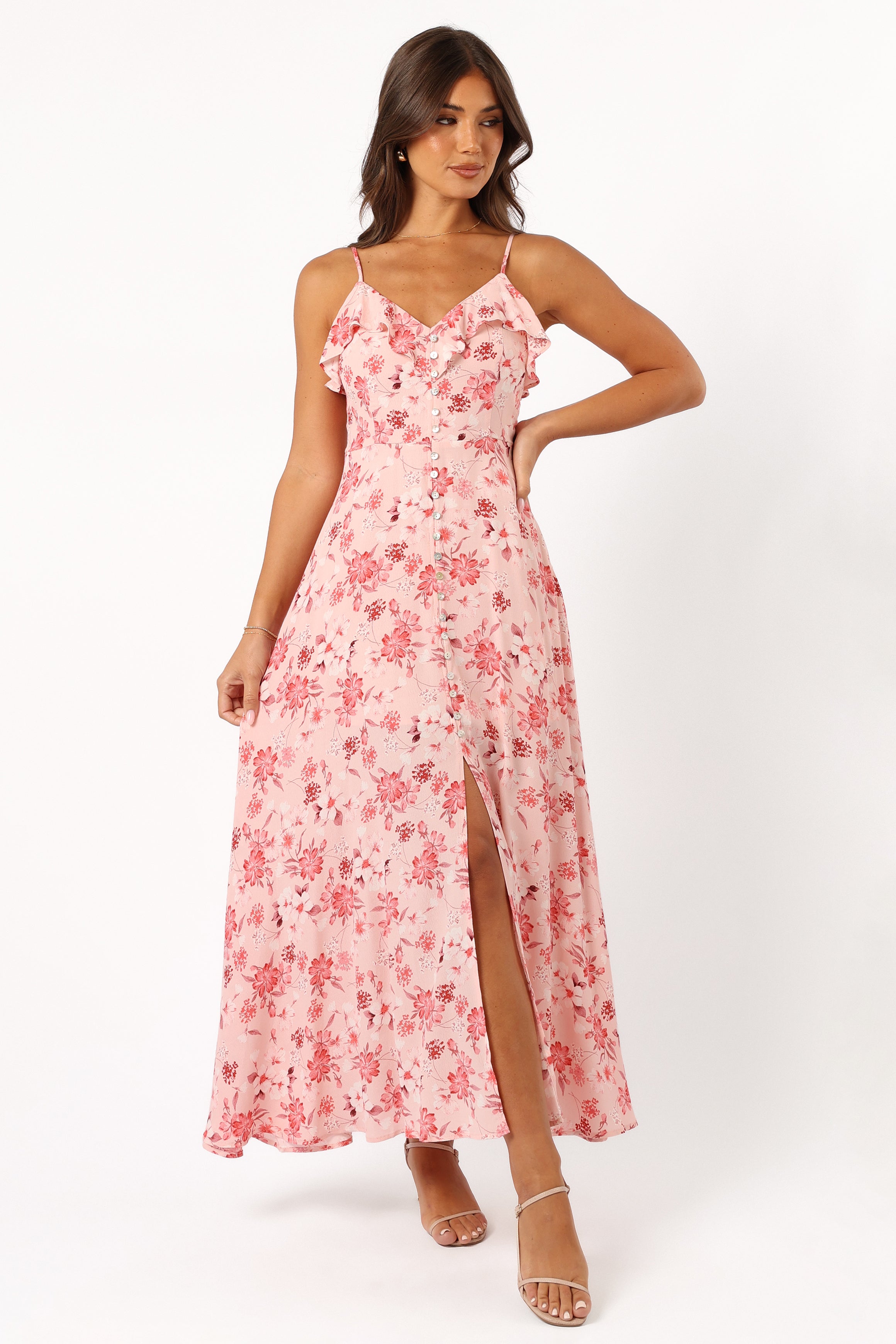 Floral V-Neck Midi Dress with Ruffle Detail & Open Back - Rachel