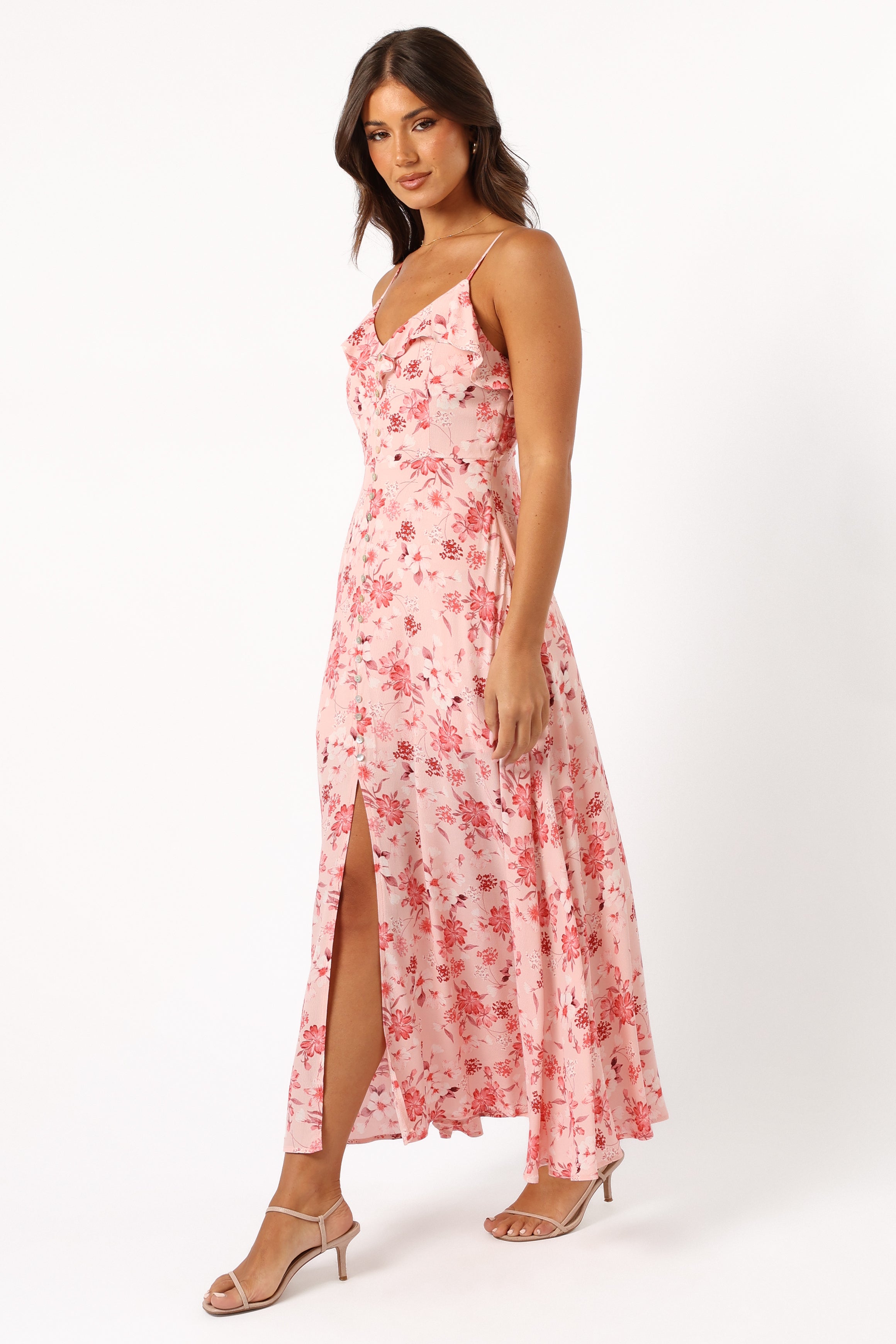 Floral V-Neck Midi Dress with Ruffle Detail & Open Back - Rachel