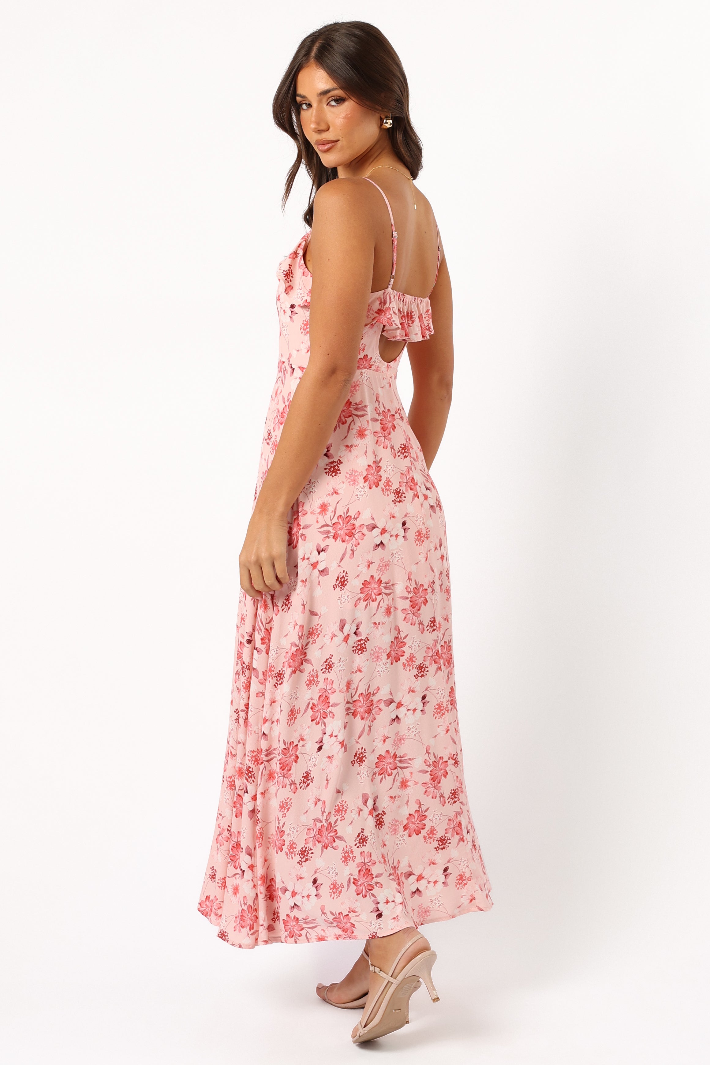 Floral V-Neck Midi Dress with Ruffle Detail & Open Back - Rachel