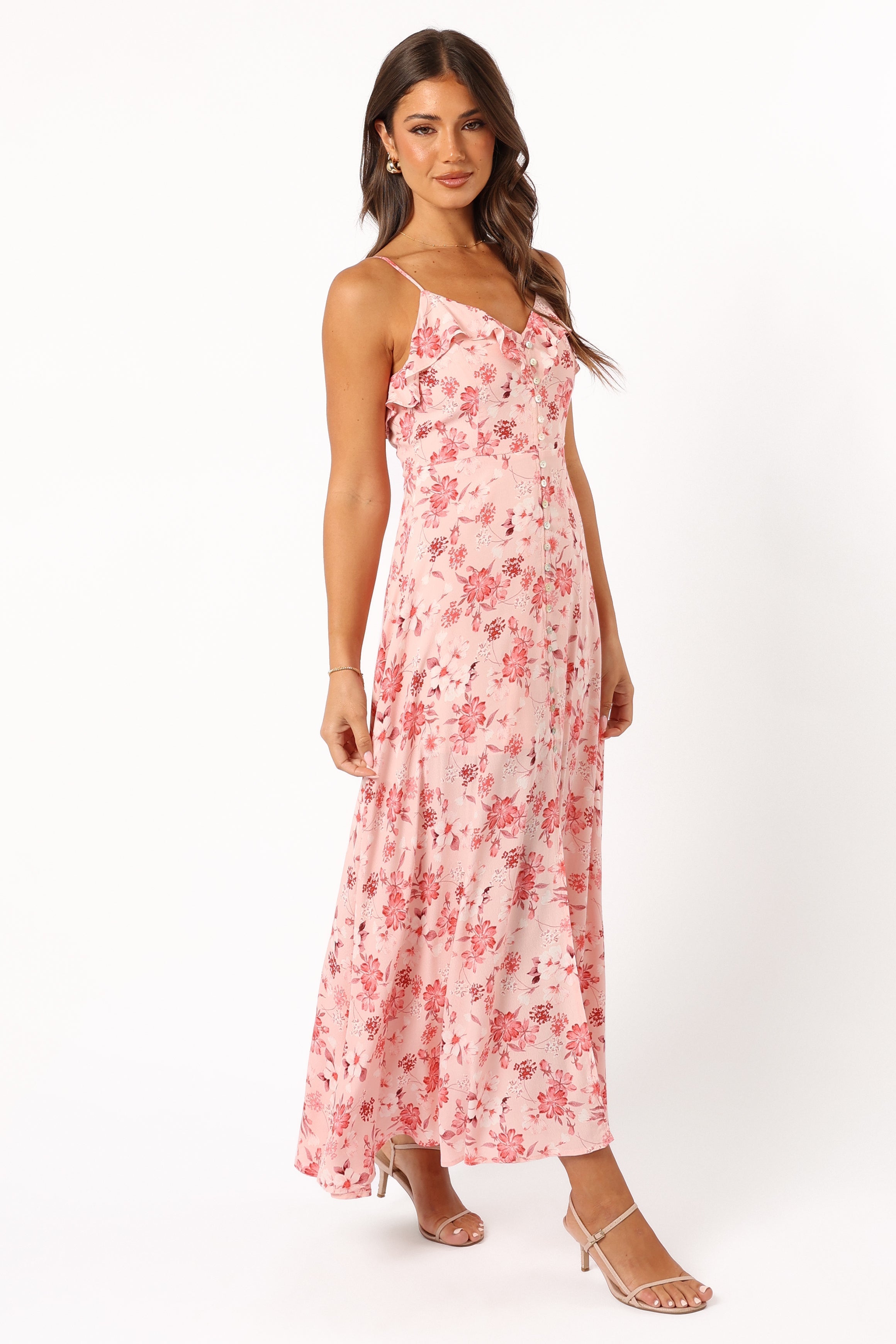 Floral V-Neck Midi Dress with Ruffle Detail & Open Back - Rachel