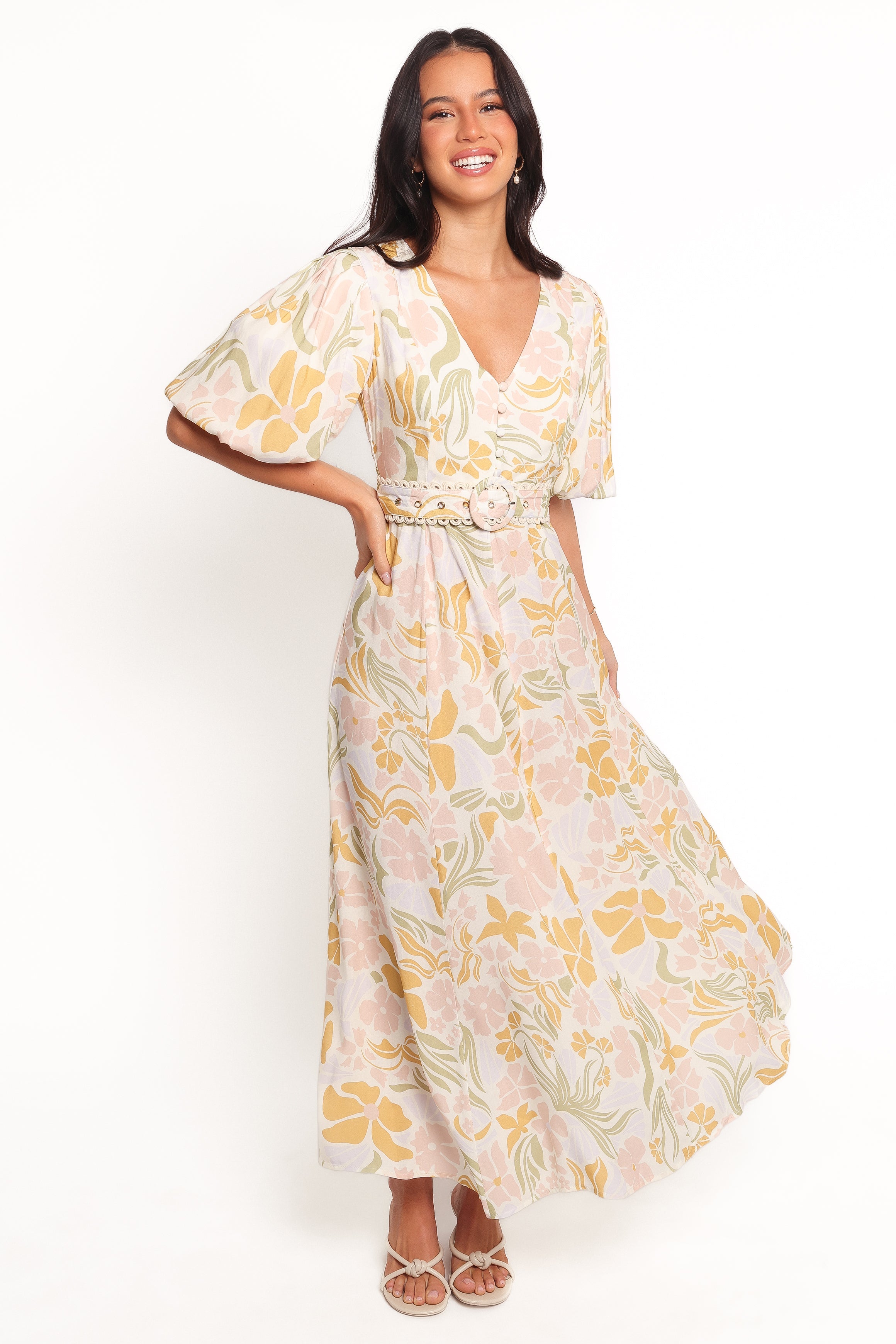 Alila Reva Floral Print V-Neck Maxi Dress with Detachable Belt