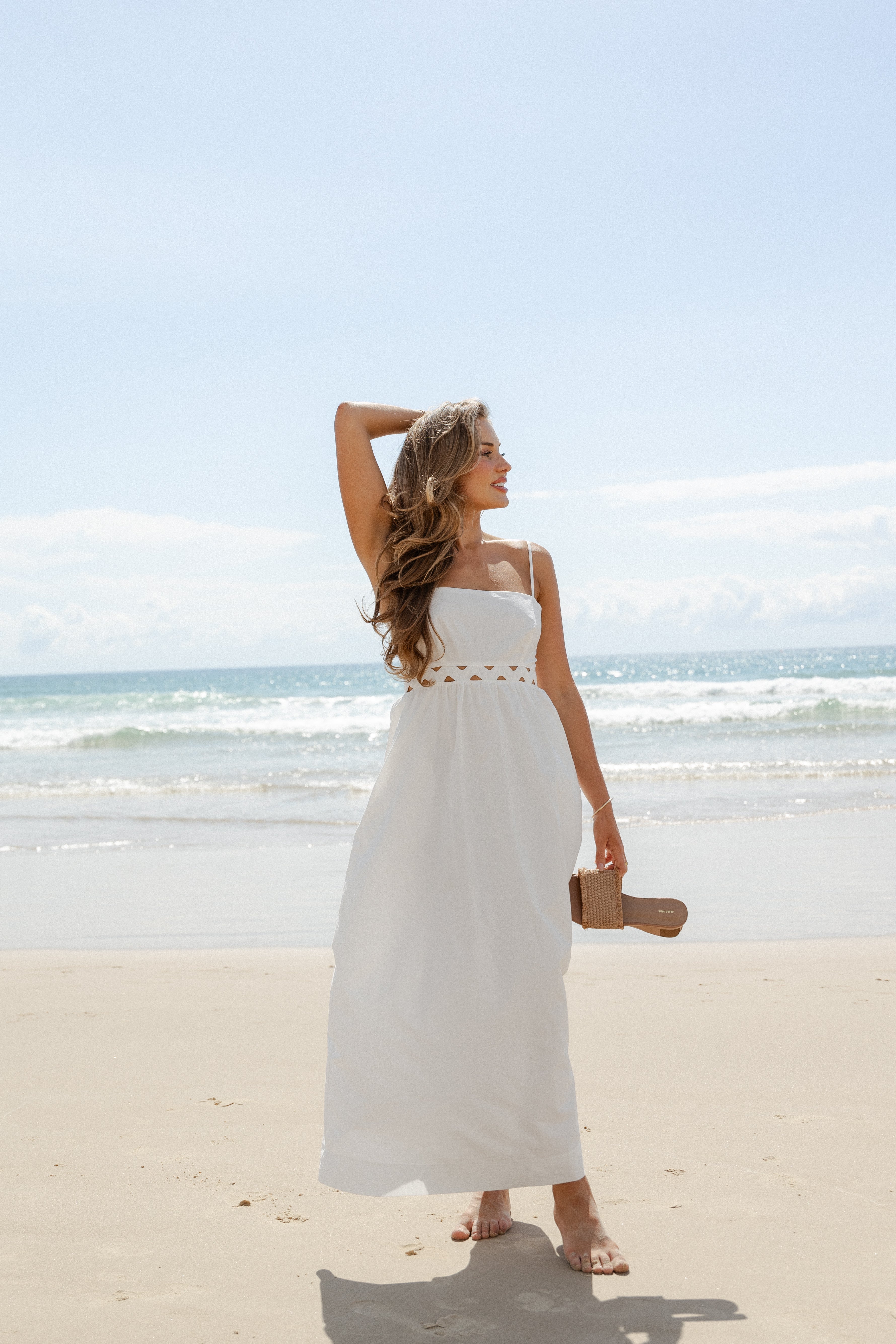 White Cotton Angelus Midi Dress with Lace Trim & Pockets