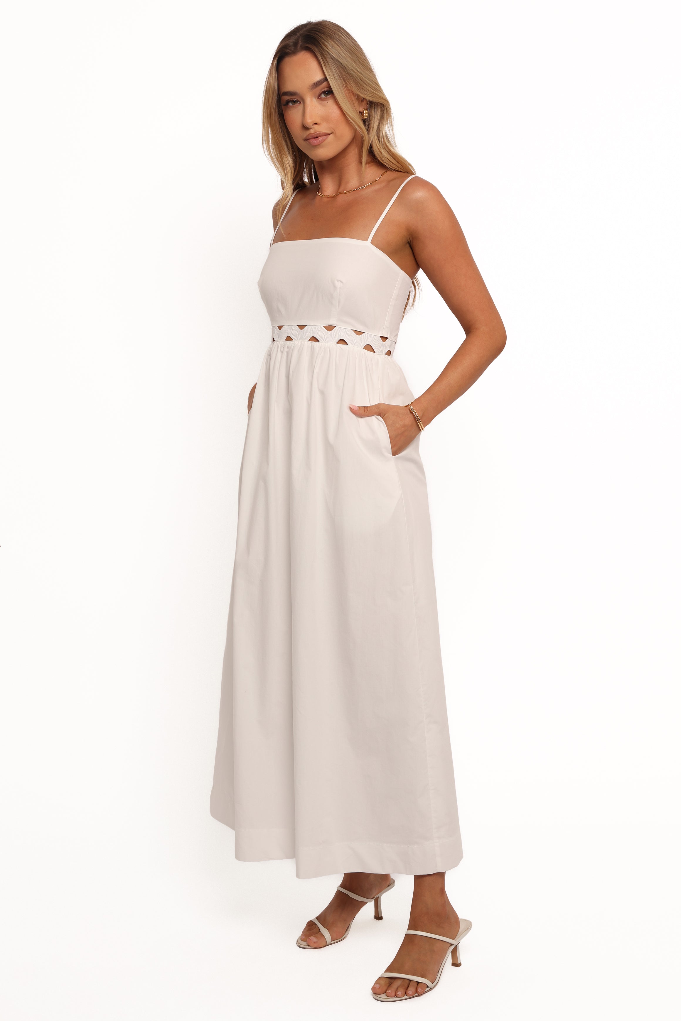 White Cotton Angelus Midi Dress with Lace Trim & Pockets
