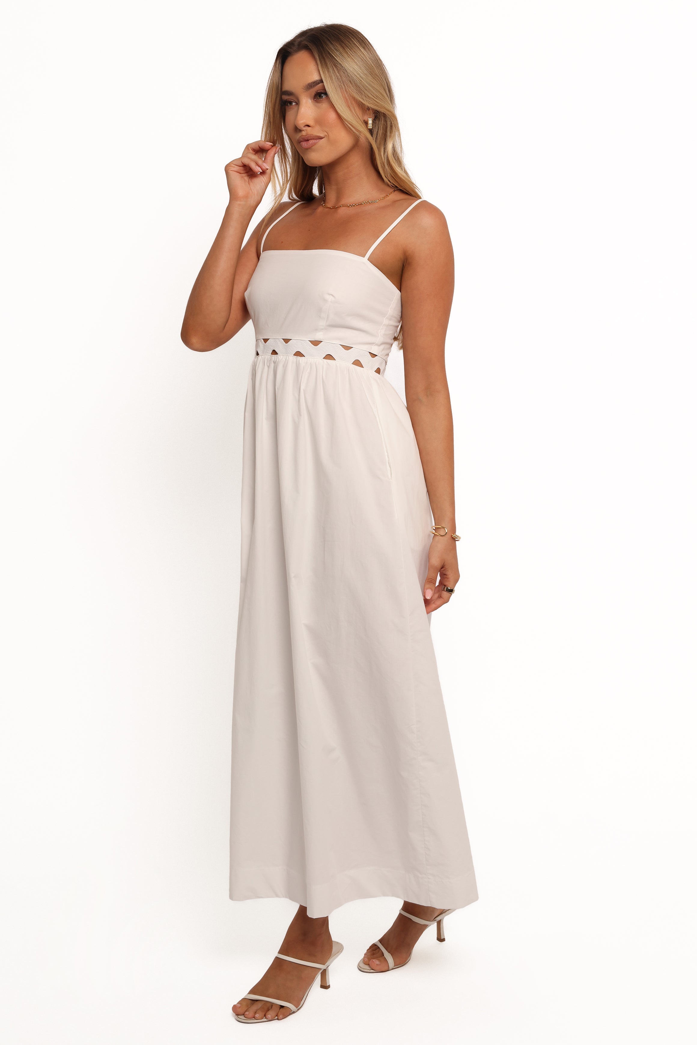 White Cotton Angelus Midi Dress with Lace Trim & Pockets
