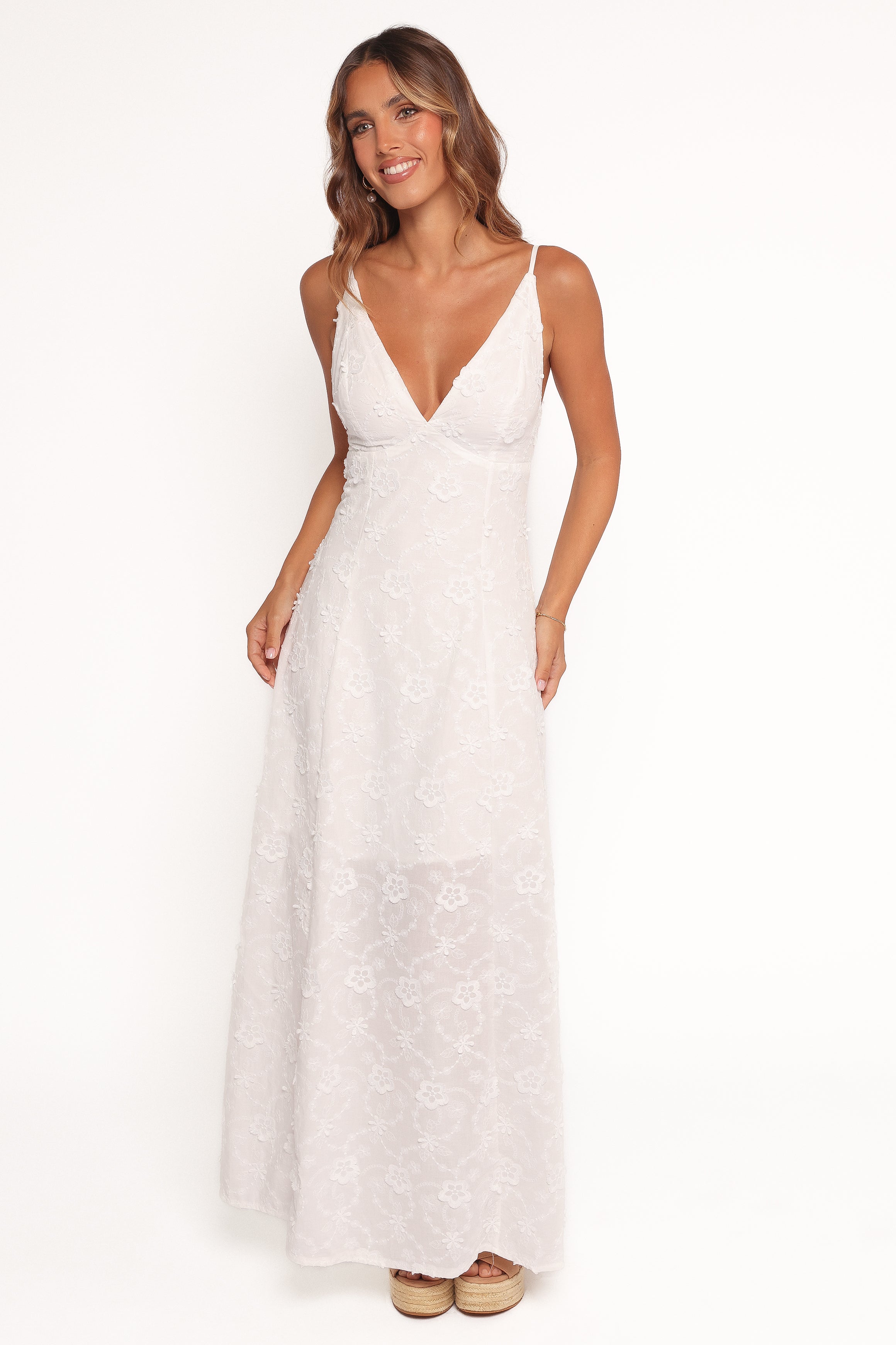 Ford White Maxi Dress with Floral Embroidery & Adjustable Straps