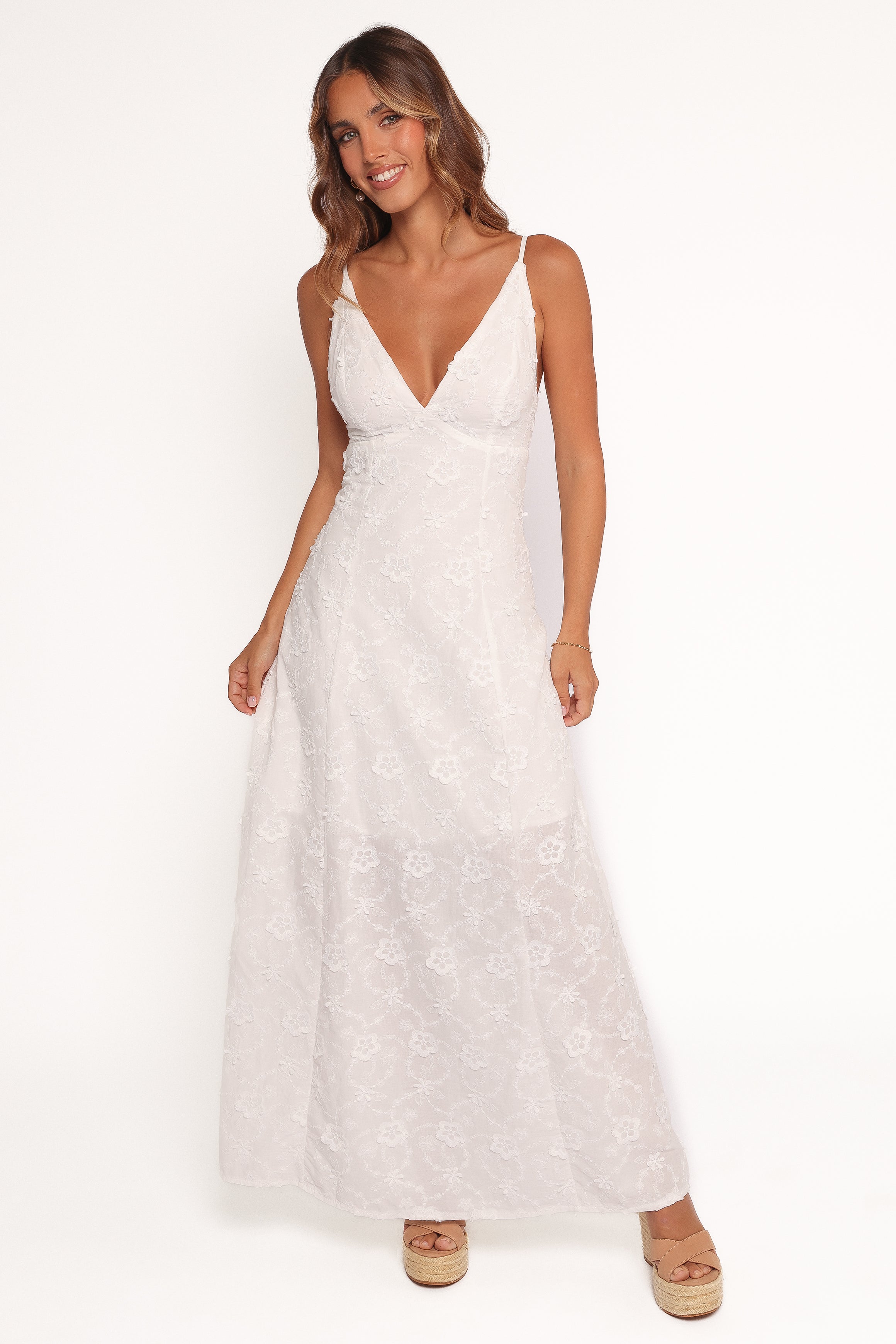 Ford White Maxi Dress with Floral Embroidery & Adjustable Straps