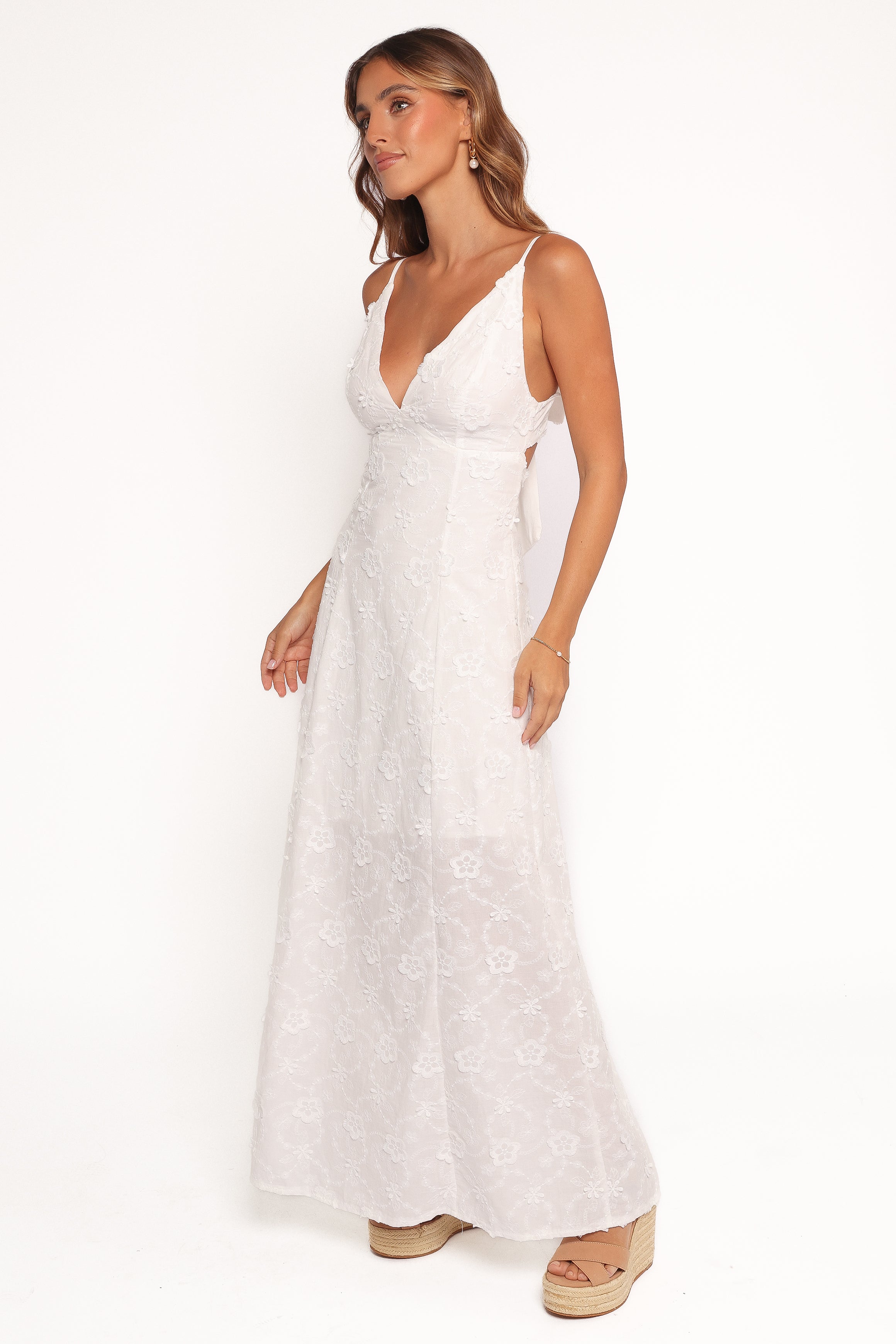 Ford White Maxi Dress with Floral Embroidery & Adjustable Straps