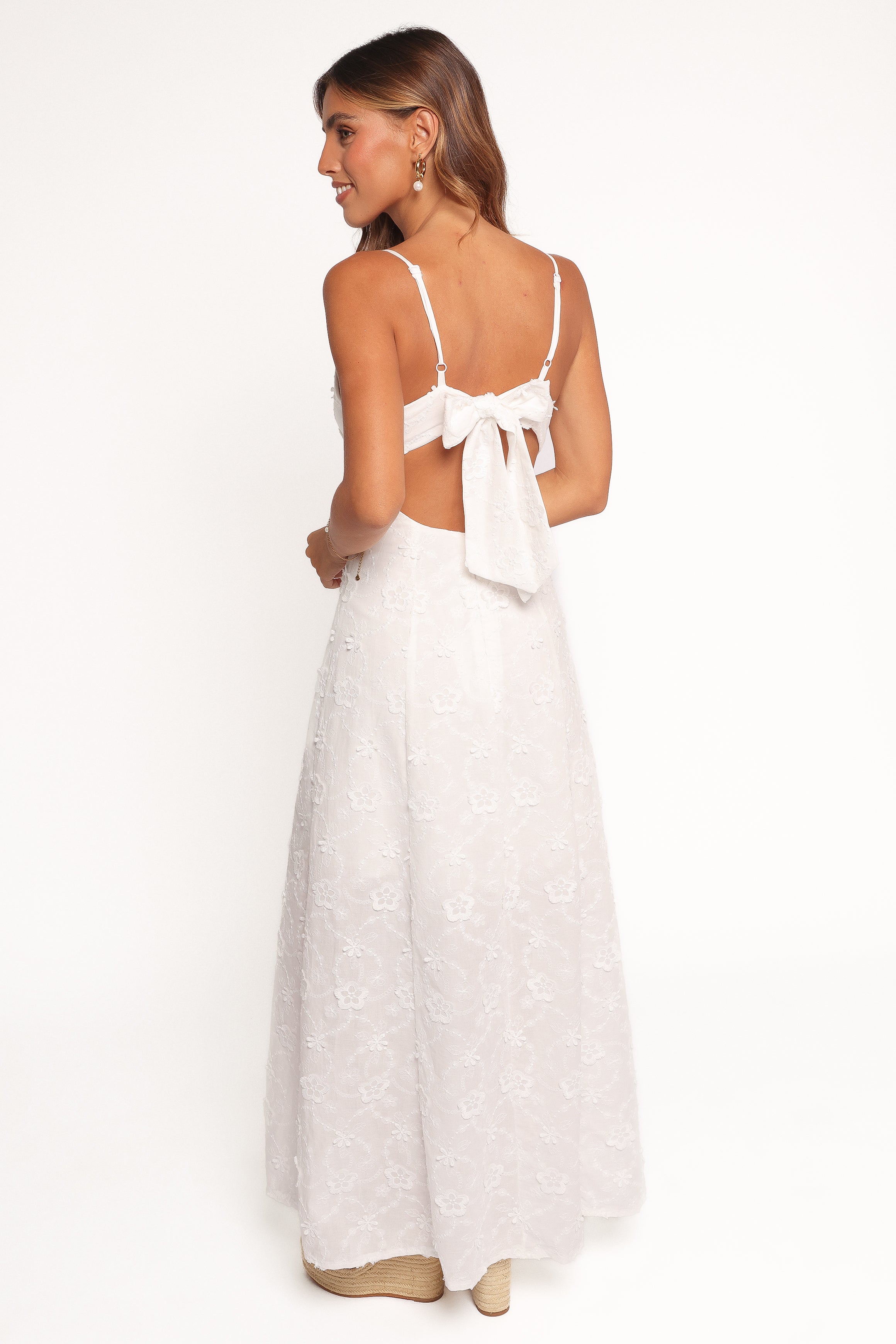 Ford White Maxi Dress with Floral Embroidery & Adjustable Straps