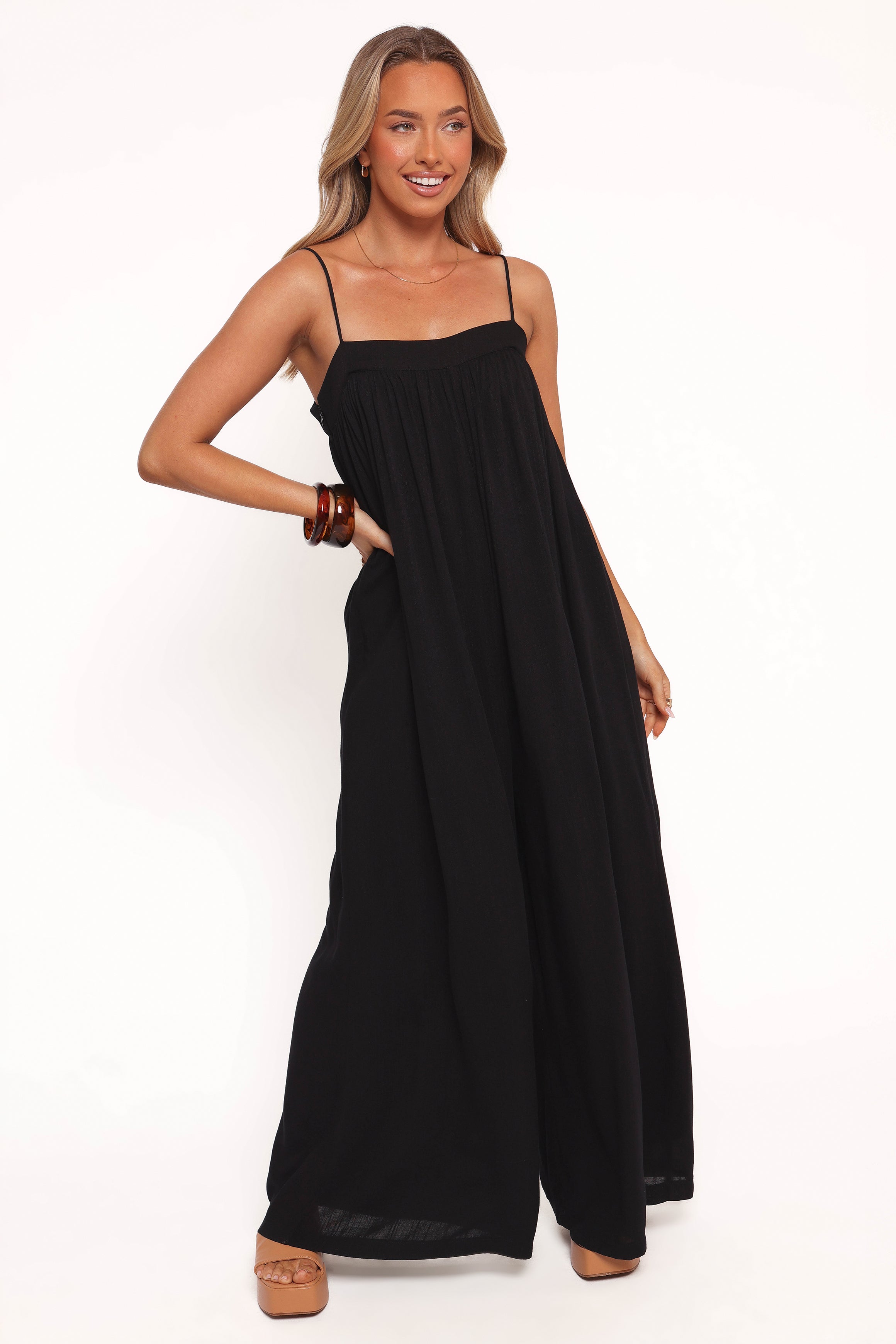 Abegail Black Square Neck Flowy Jumpsuit - Wide Leg