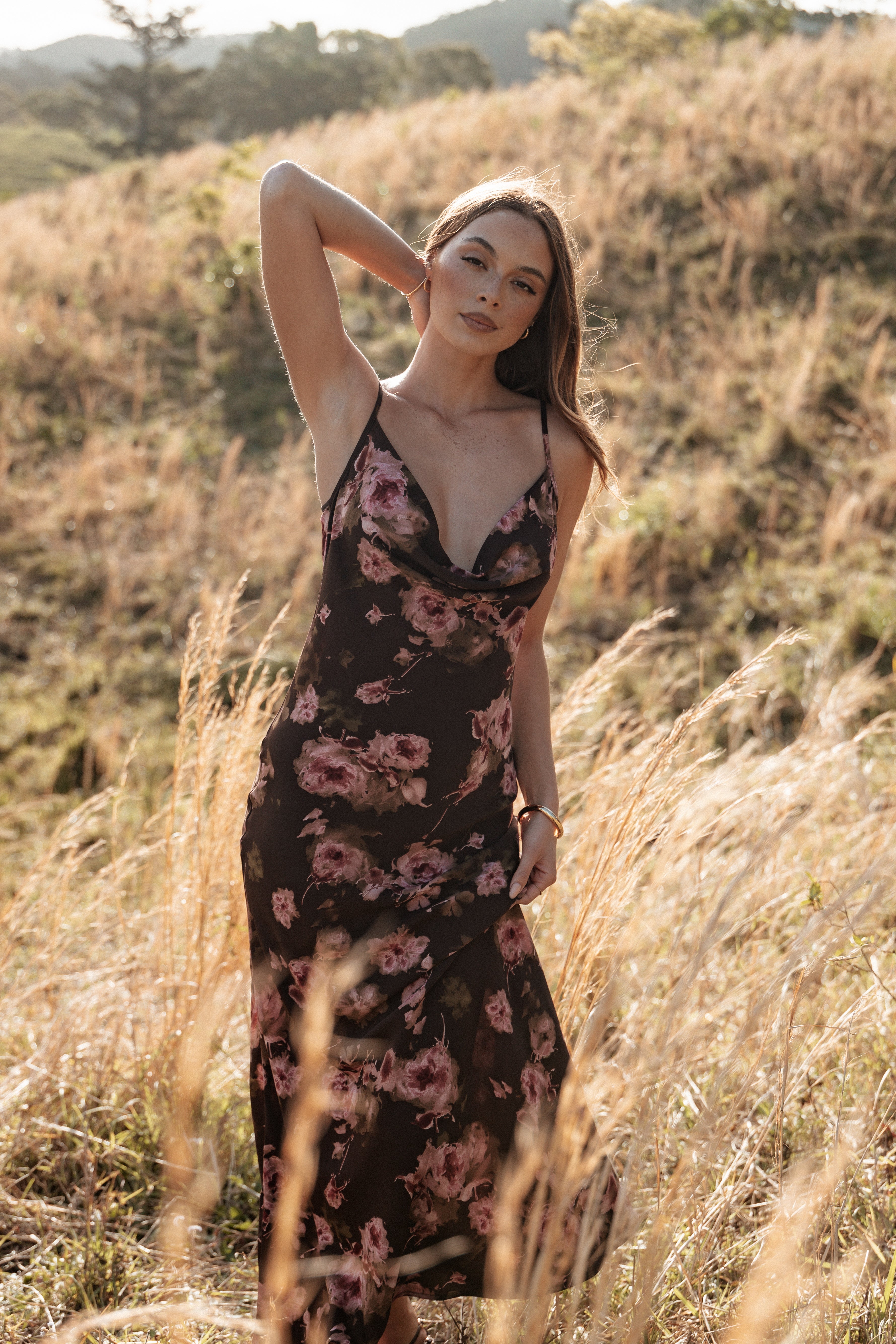 Floral Maxi Dress with Cowl Neck - Enya Chocolate Elegant Gown