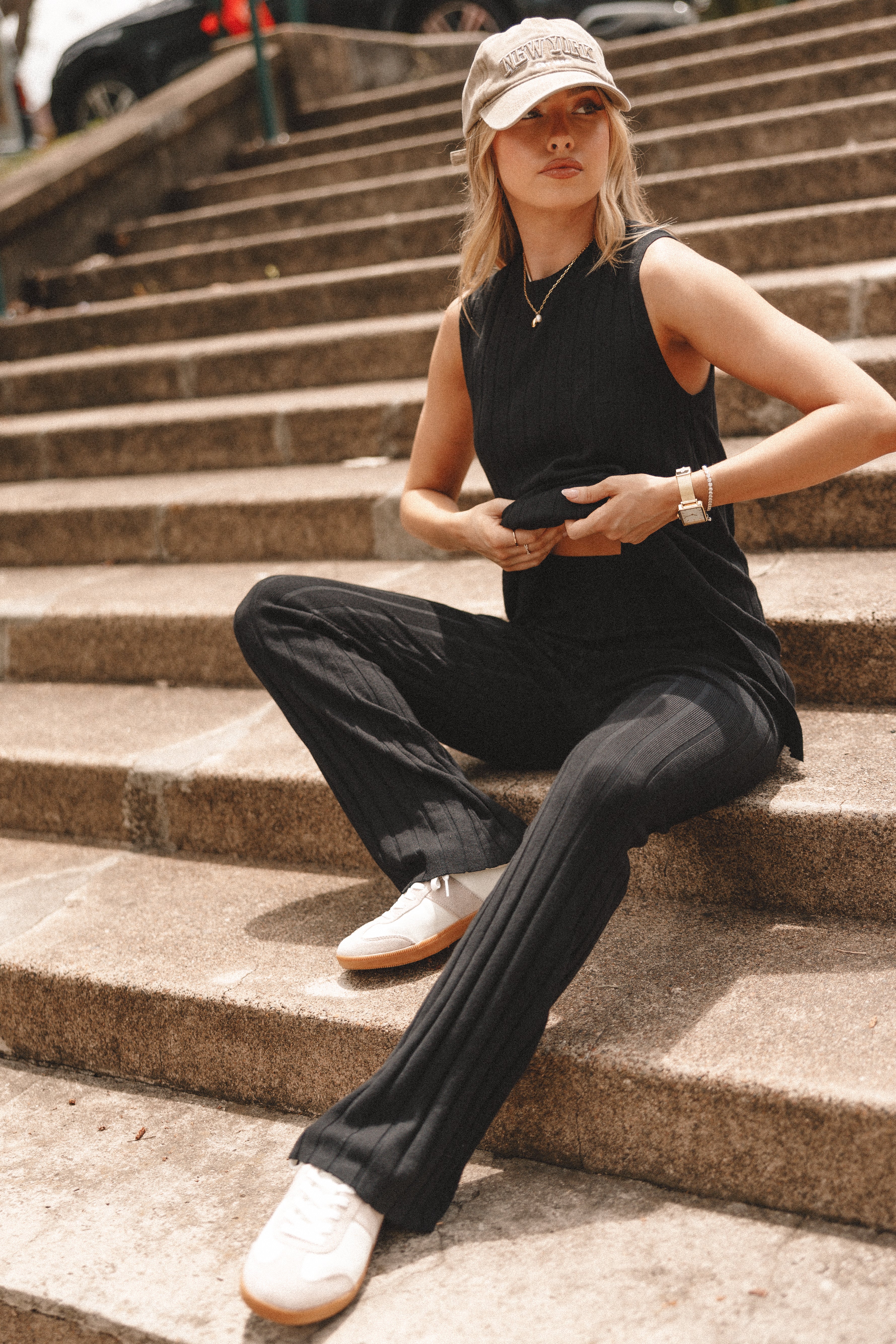 Silvie Black Knitted Top & Pants Set - Sleeveless Wide Leg Outfit