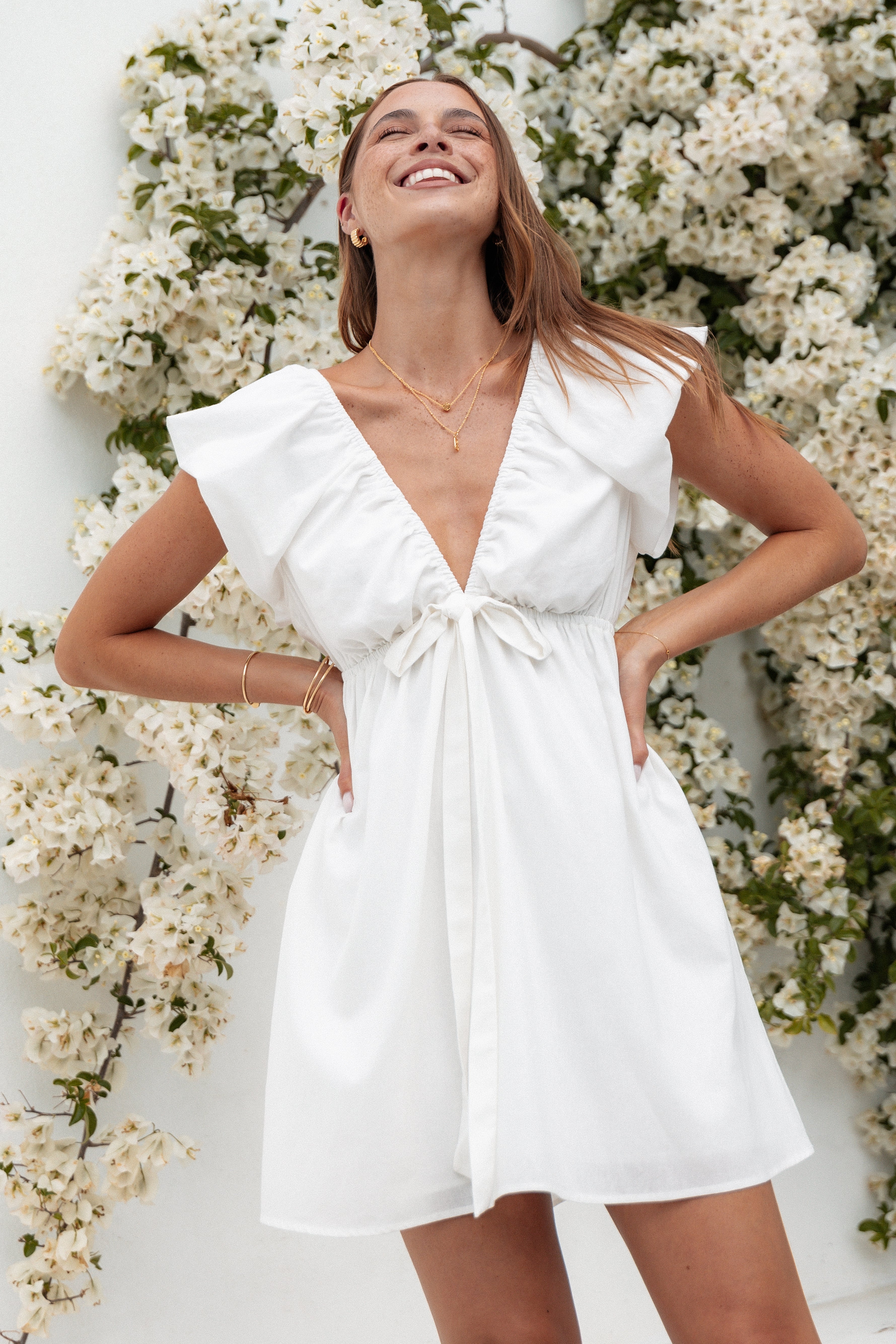 White Kathy Mini Dress with V Neckline & Bow Tie Detail