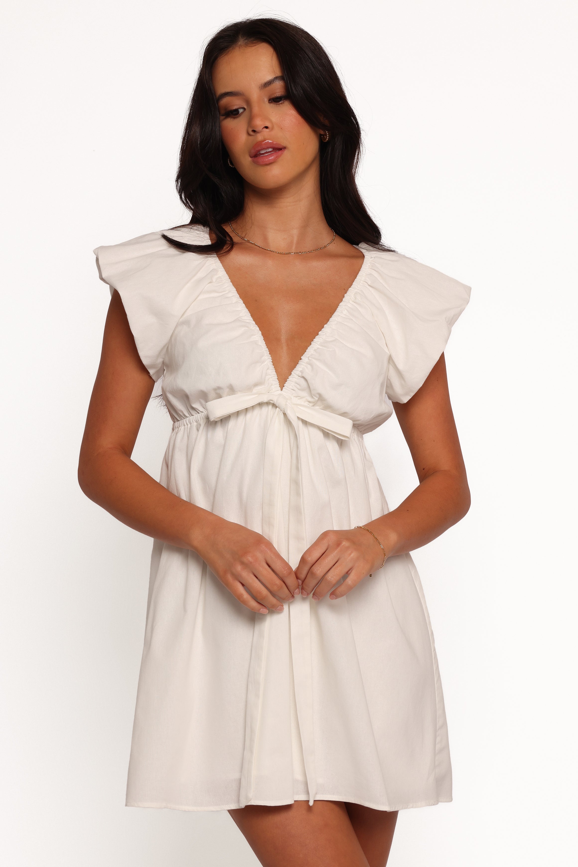 White Kathy Mini Dress with V Neckline & Bow Tie Detail