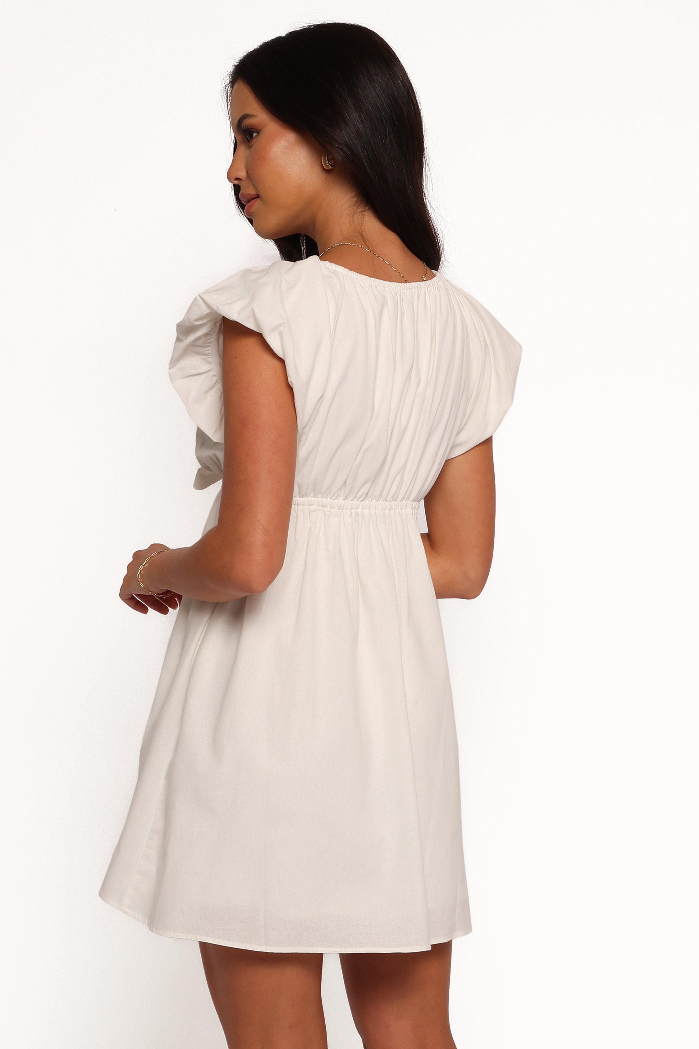 White Kathy Mini Dress with V Neckline & Bow Tie Detail
