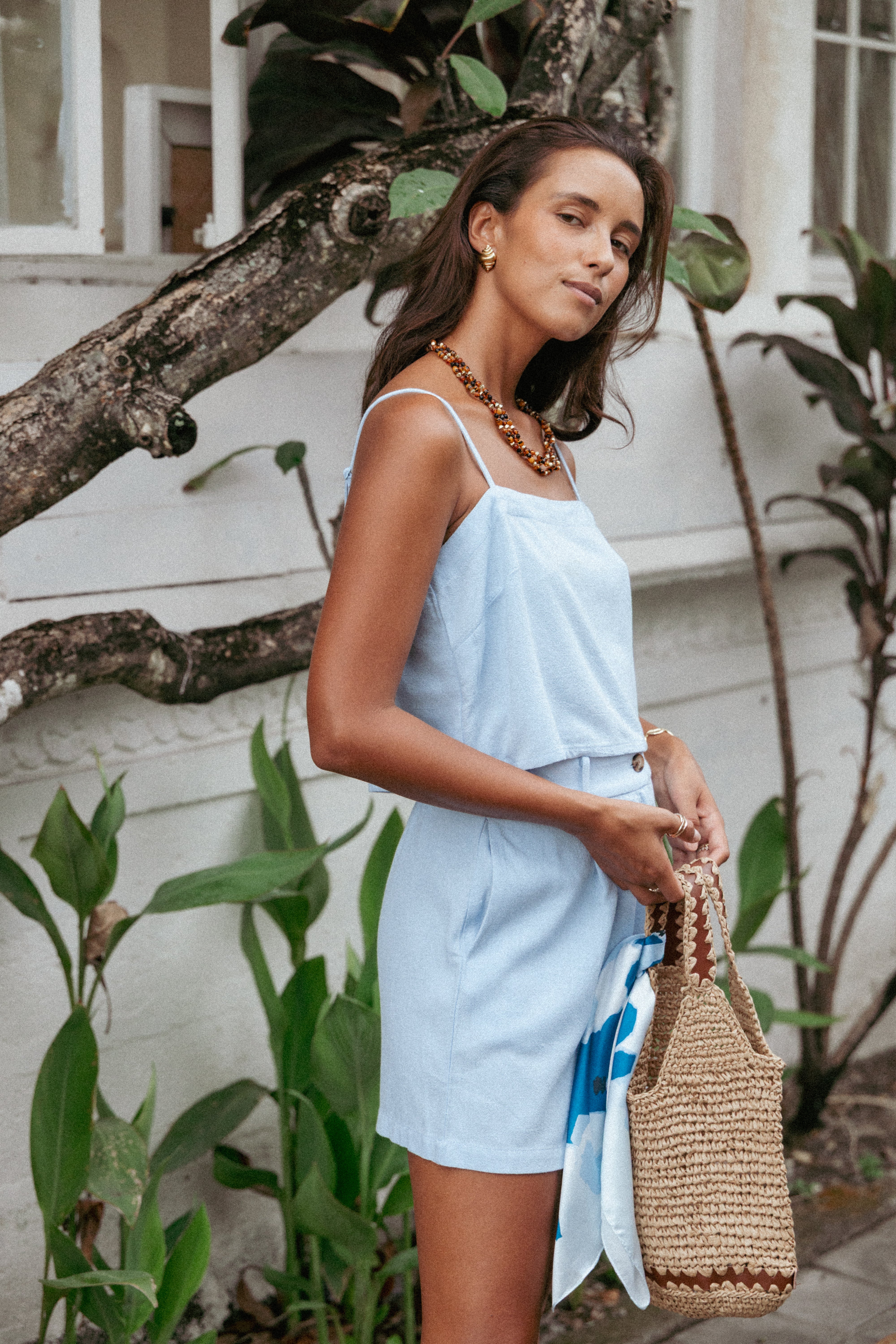 Women's Linen Shorts Set - Blue Ryan Square Neck Crop Top & High Waist Shorts