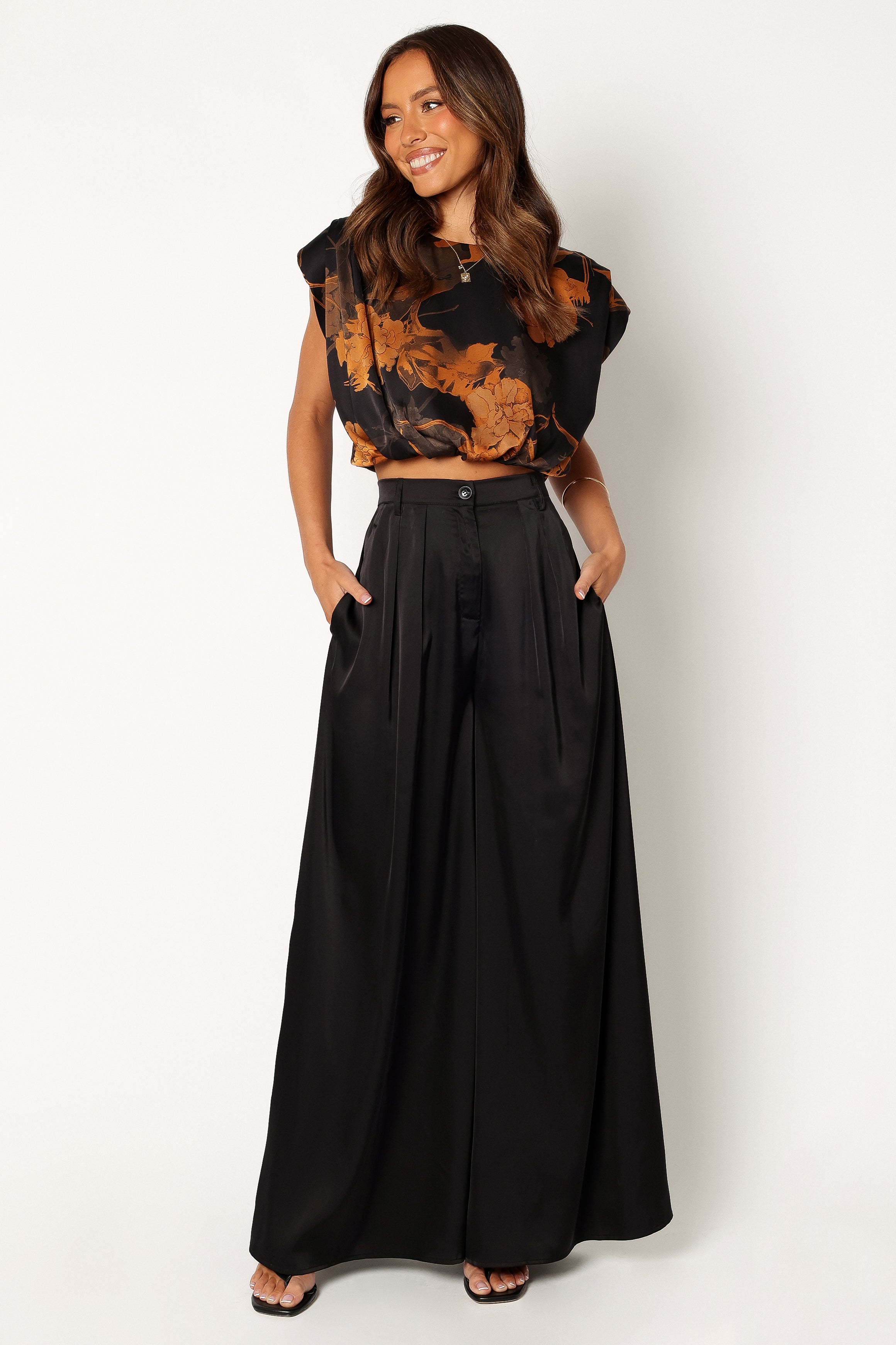 Floral Print Satin Two Piece Set - Black Taya Top & Pant Outfit
