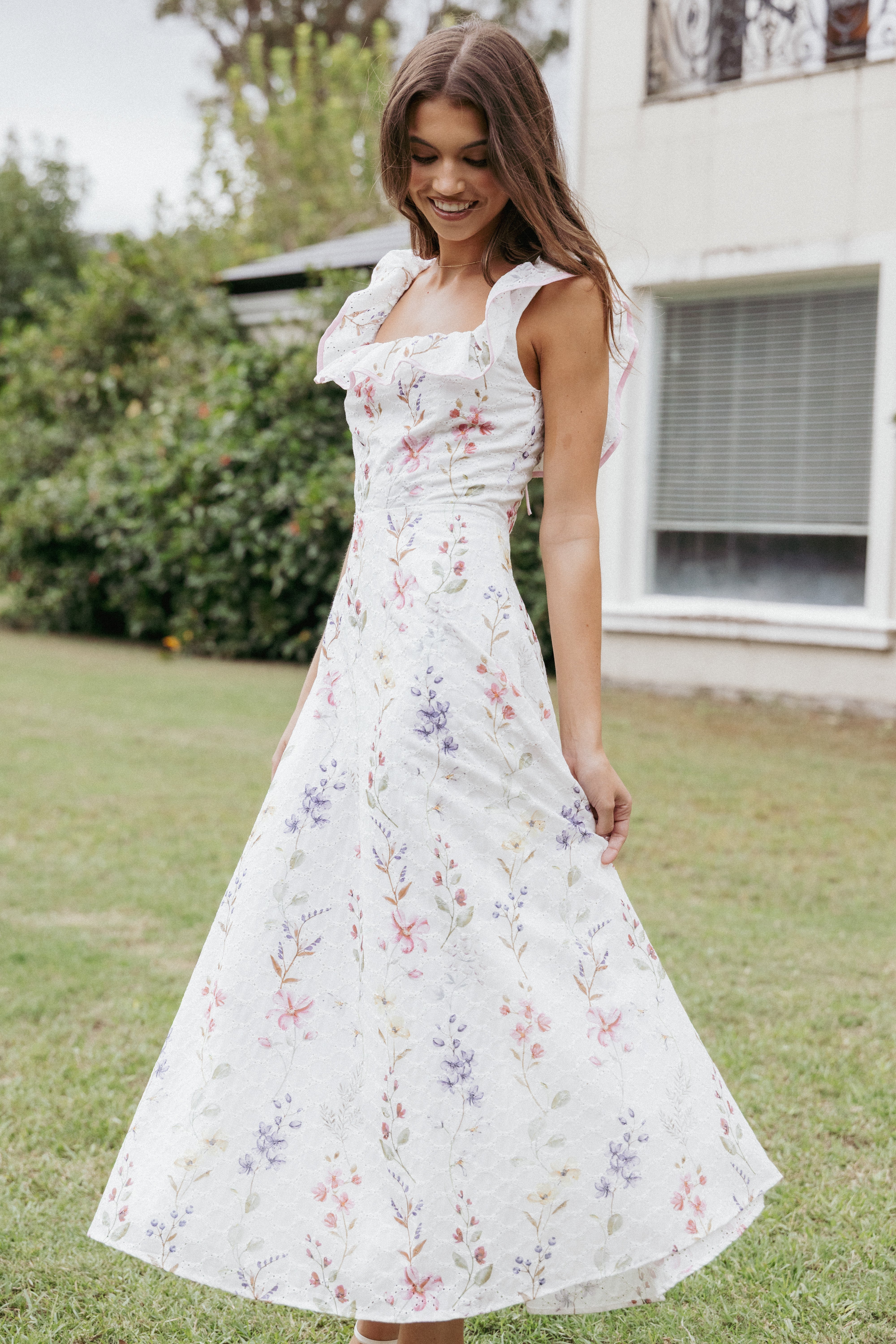 Floral Maxi Dress with Square Neckline & Back Tie - White Rayon