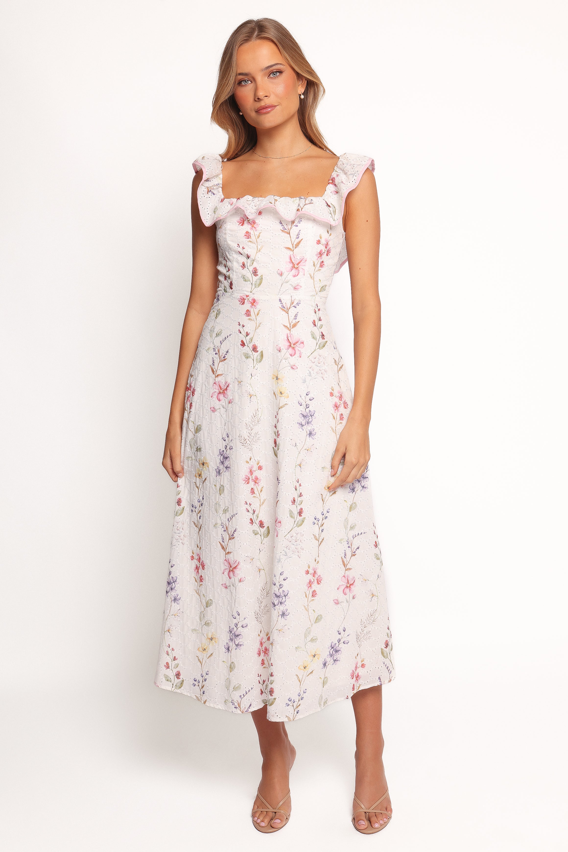 Floral Maxi Dress with Square Neckline & Back Tie - White Rayon