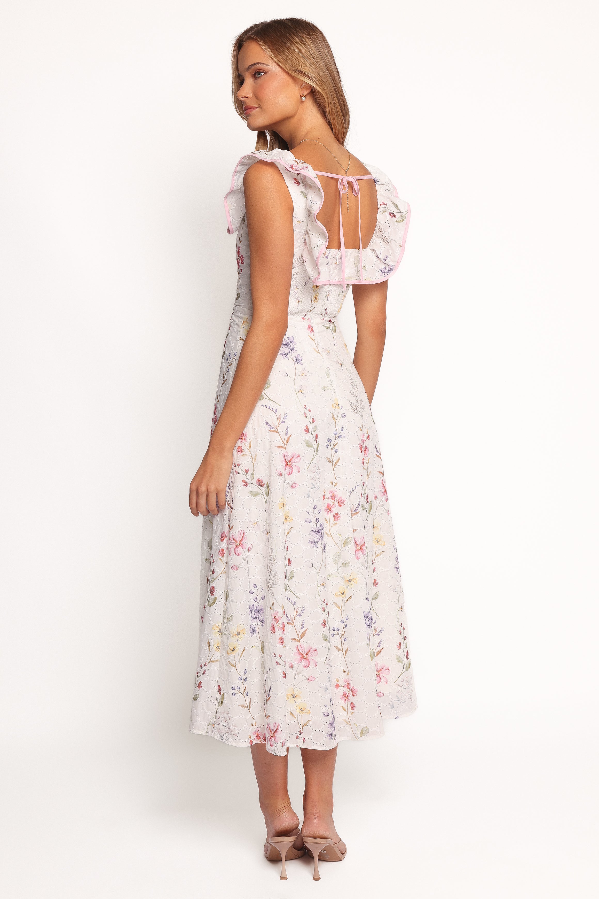 Floral Maxi Dress with Square Neckline & Back Tie - White Rayon