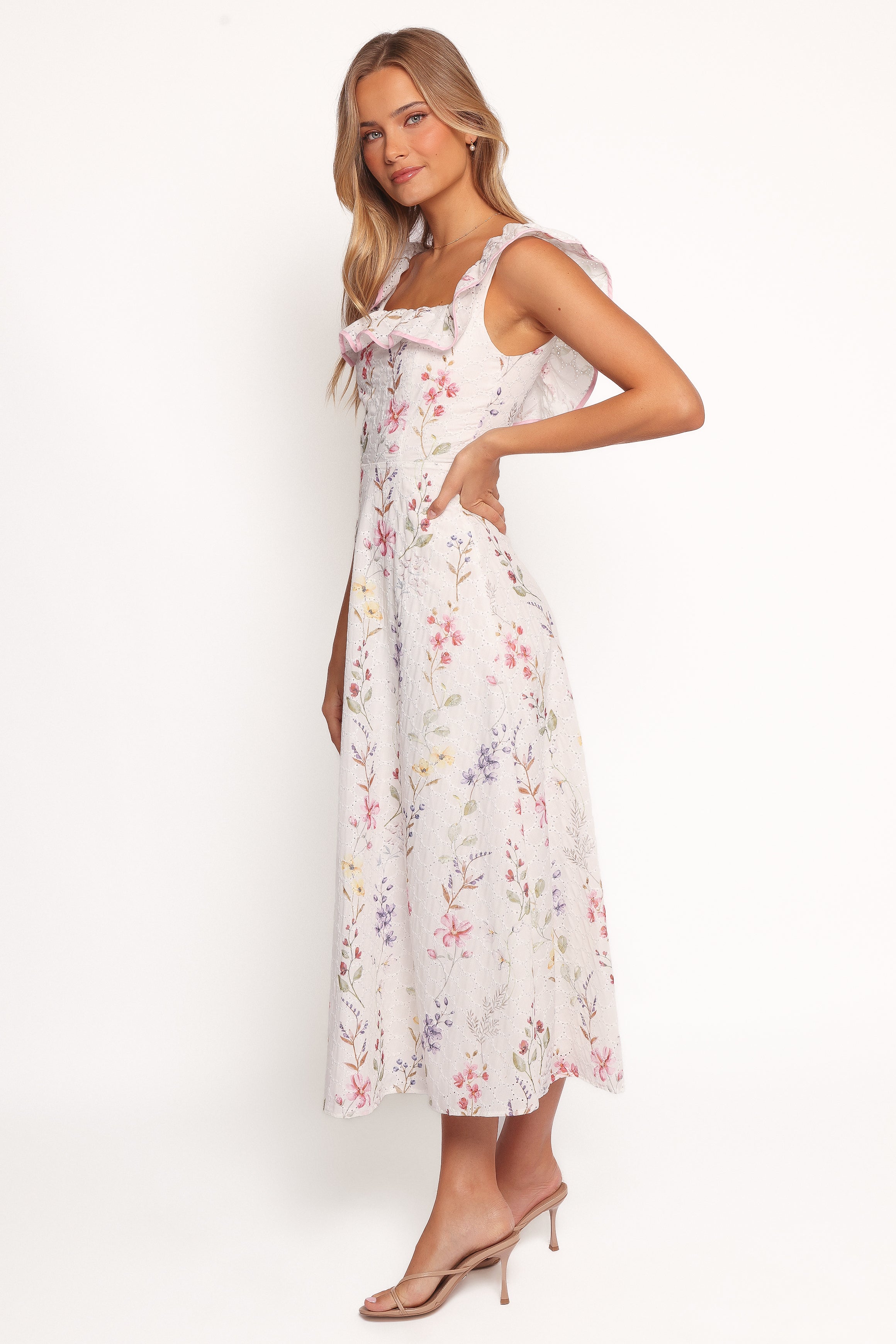Floral Maxi Dress with Square Neckline & Back Tie - White Rayon