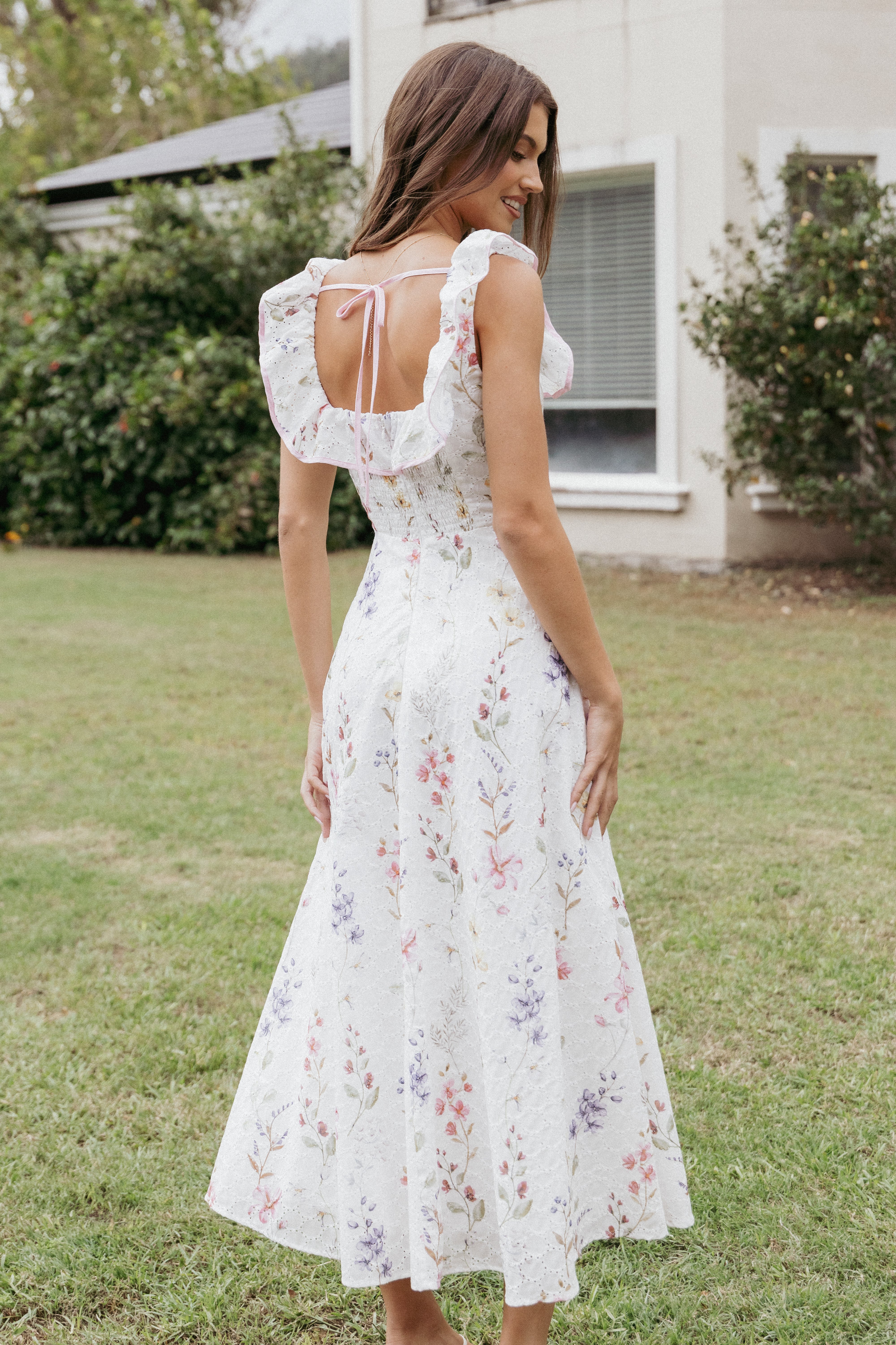 Floral Maxi Dress with Square Neckline & Back Tie - White Rayon
