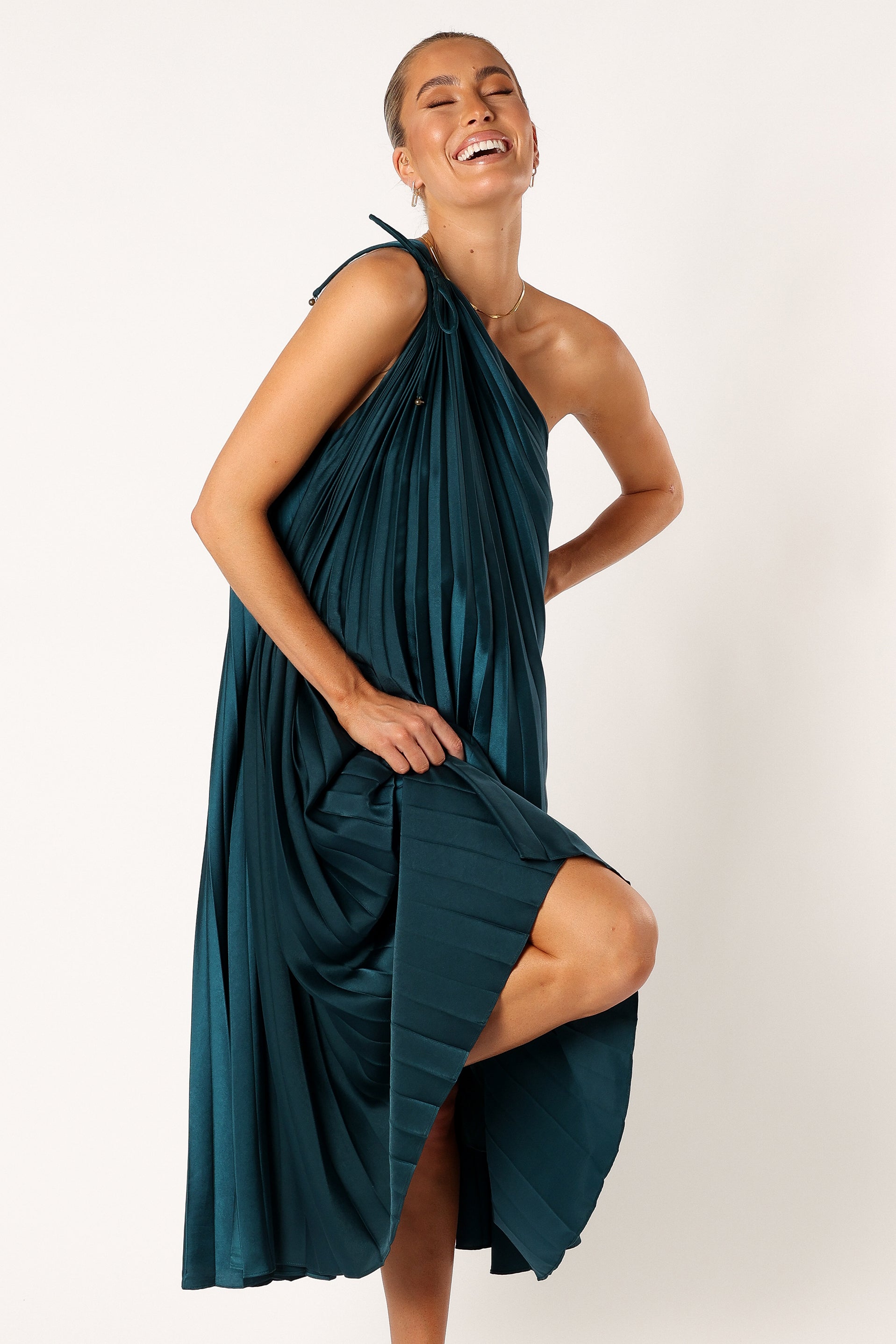 Selena Emerald One Shoulder Midi Dress - Pleated Satin