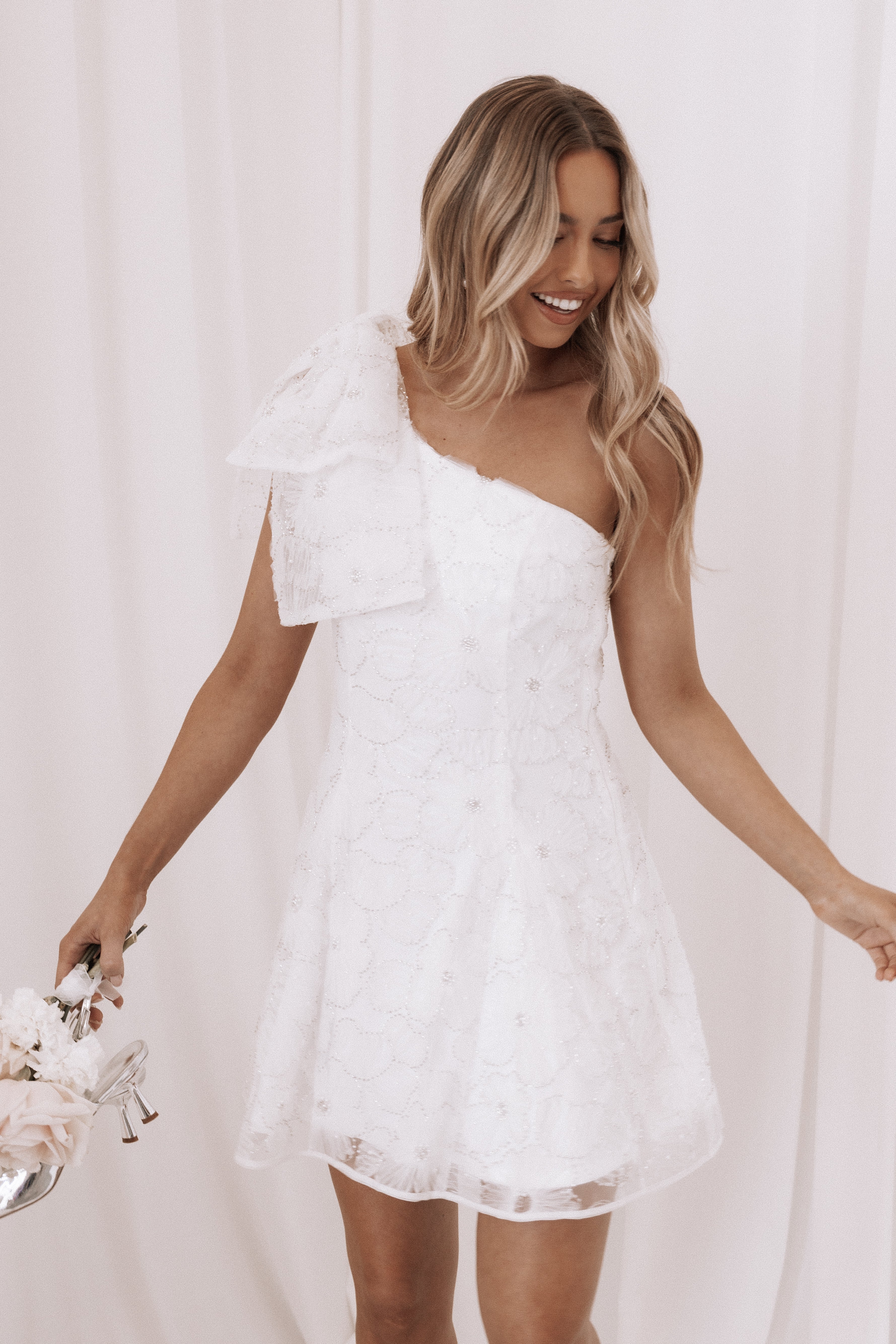 White Off Shoulder Mini Dress with Bow Detail - Ashly