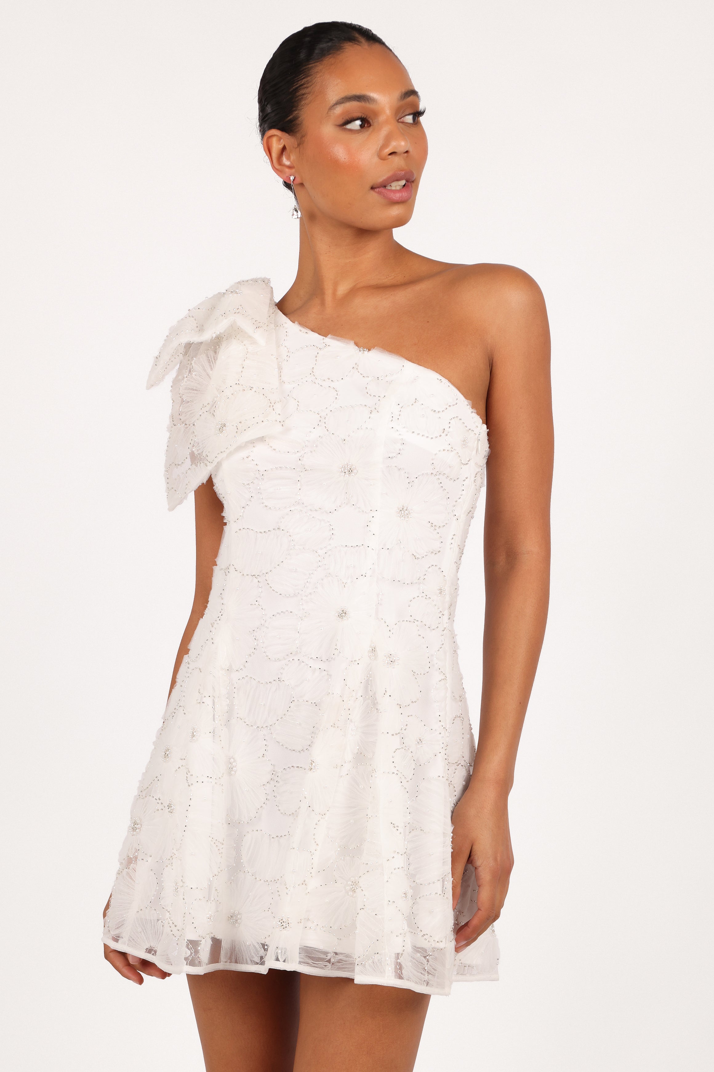 White Off Shoulder Mini Dress with Bow Detail - Ashly