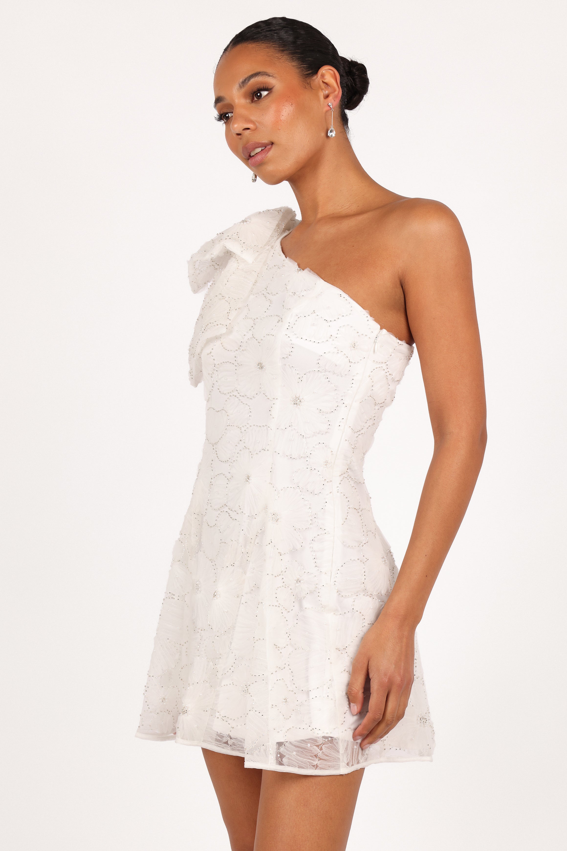 White Off Shoulder Mini Dress with Bow Detail - Ashly