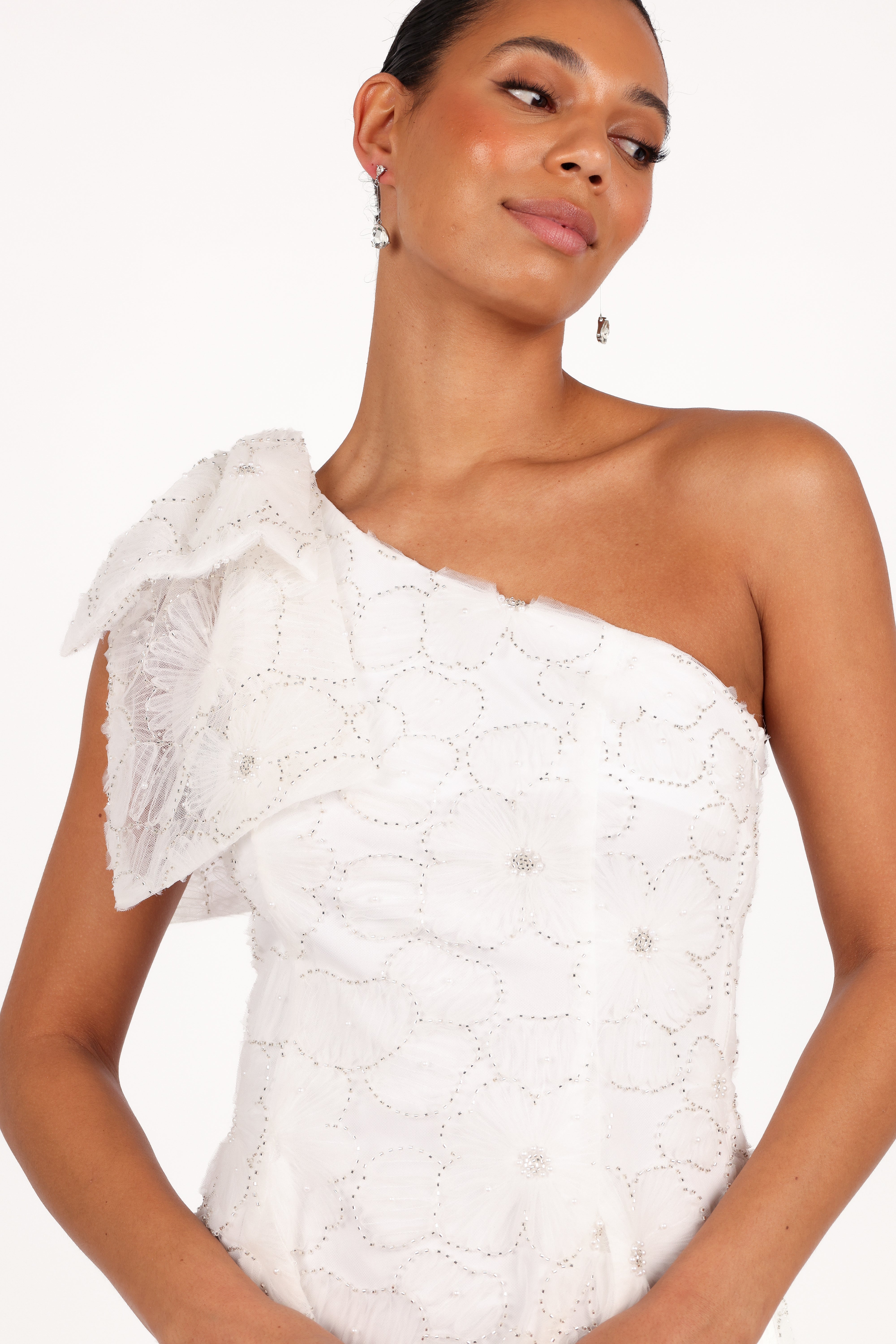 White Off Shoulder Mini Dress with Bow Detail - Ashly