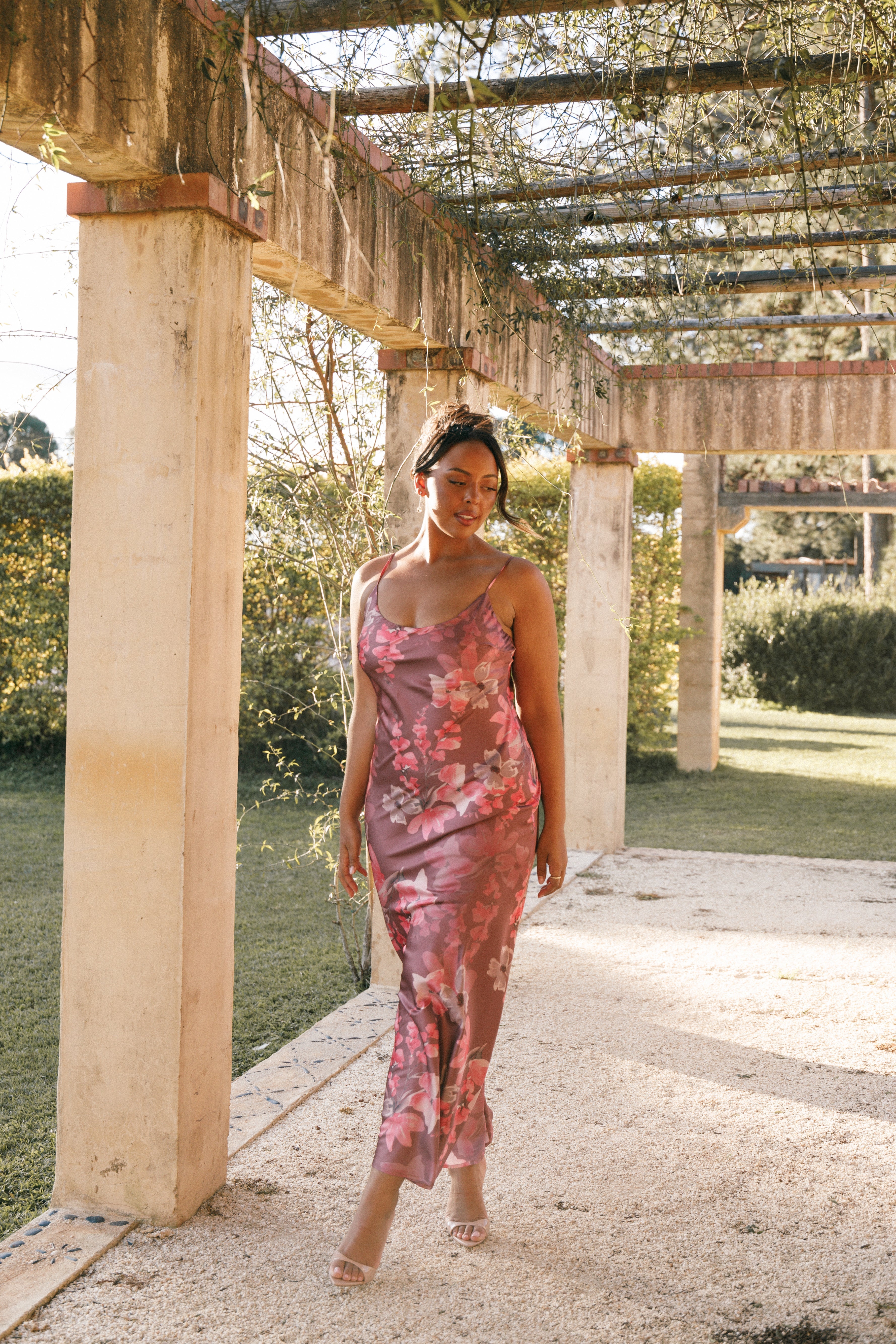 Floral Satin Maxi Dress with Adjustable Straps - Dark Rose