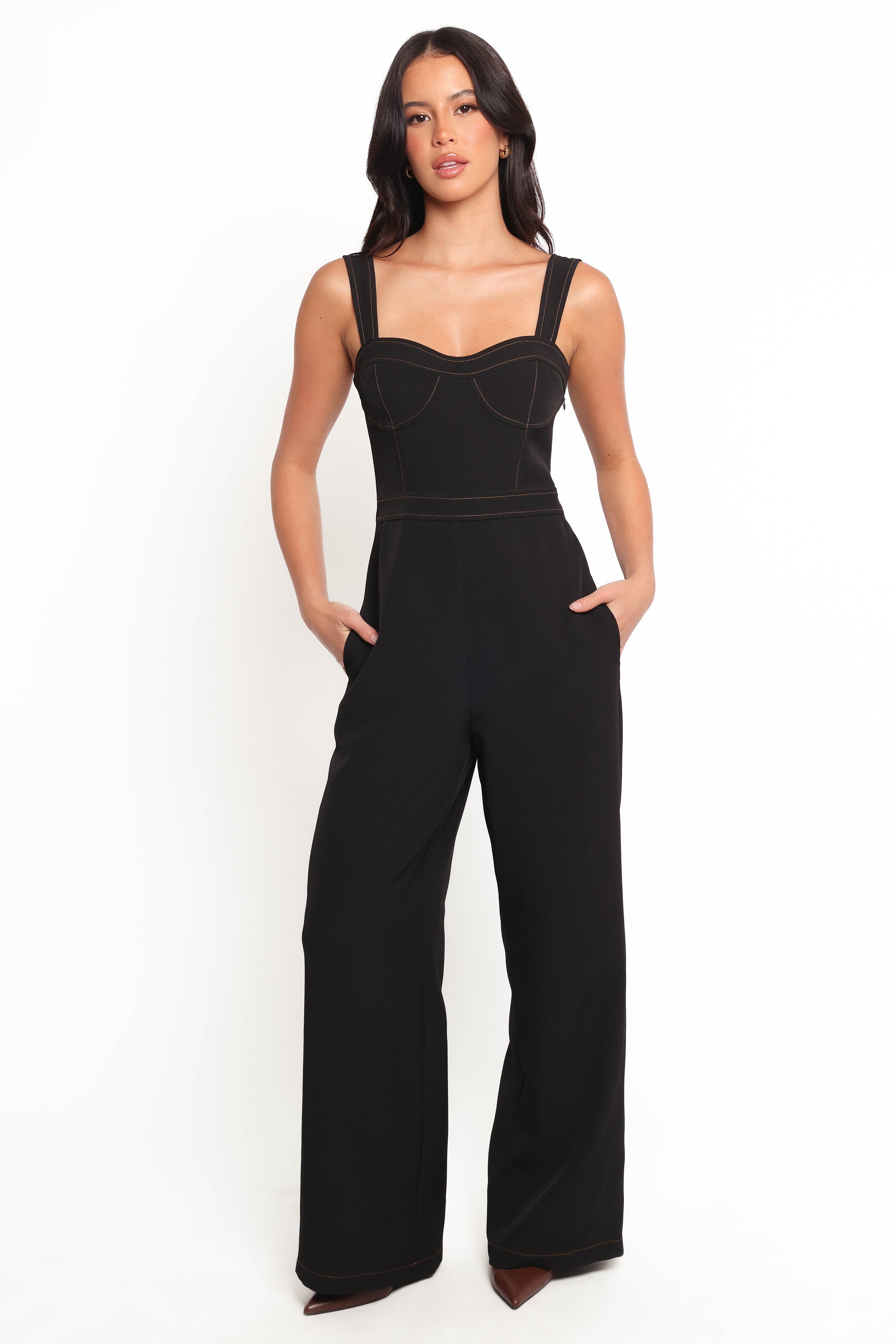 Black Taisha Jumpsuit for Women - Sweetheart Neckline & Pockets